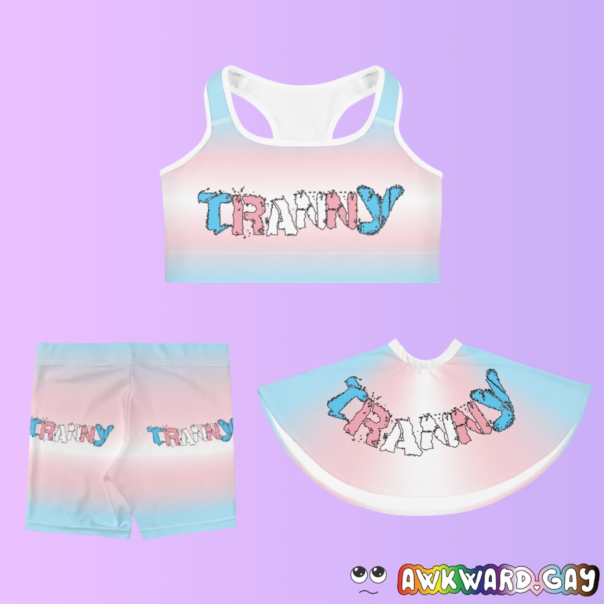 Mockup of a sports bra, shorts, and skater skirt with a faded trans pride gradient, and the word "Tranny" with the letters being the colours of the rainbow flag