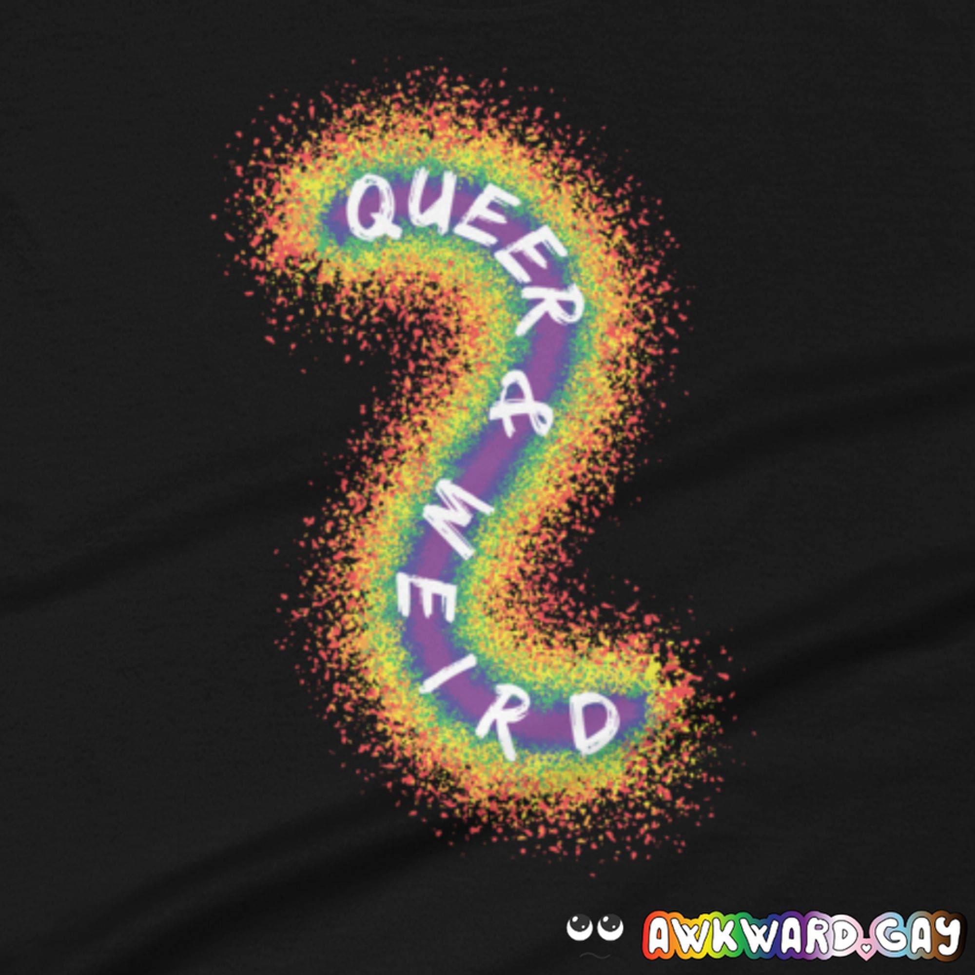 Mockup of a graphic of a backwards s shaped paint splatter design layered in the colours of the rainbow pride flag, with white text following the shape saying "queer & weird"