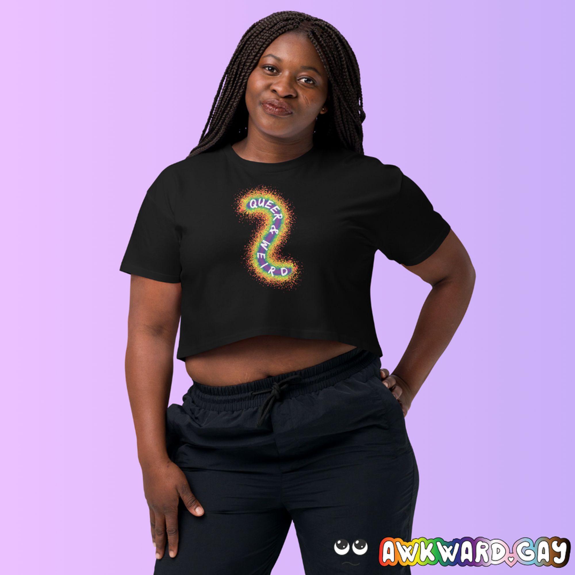 Mockup of a plus size woman wearing a black crop top with the same design