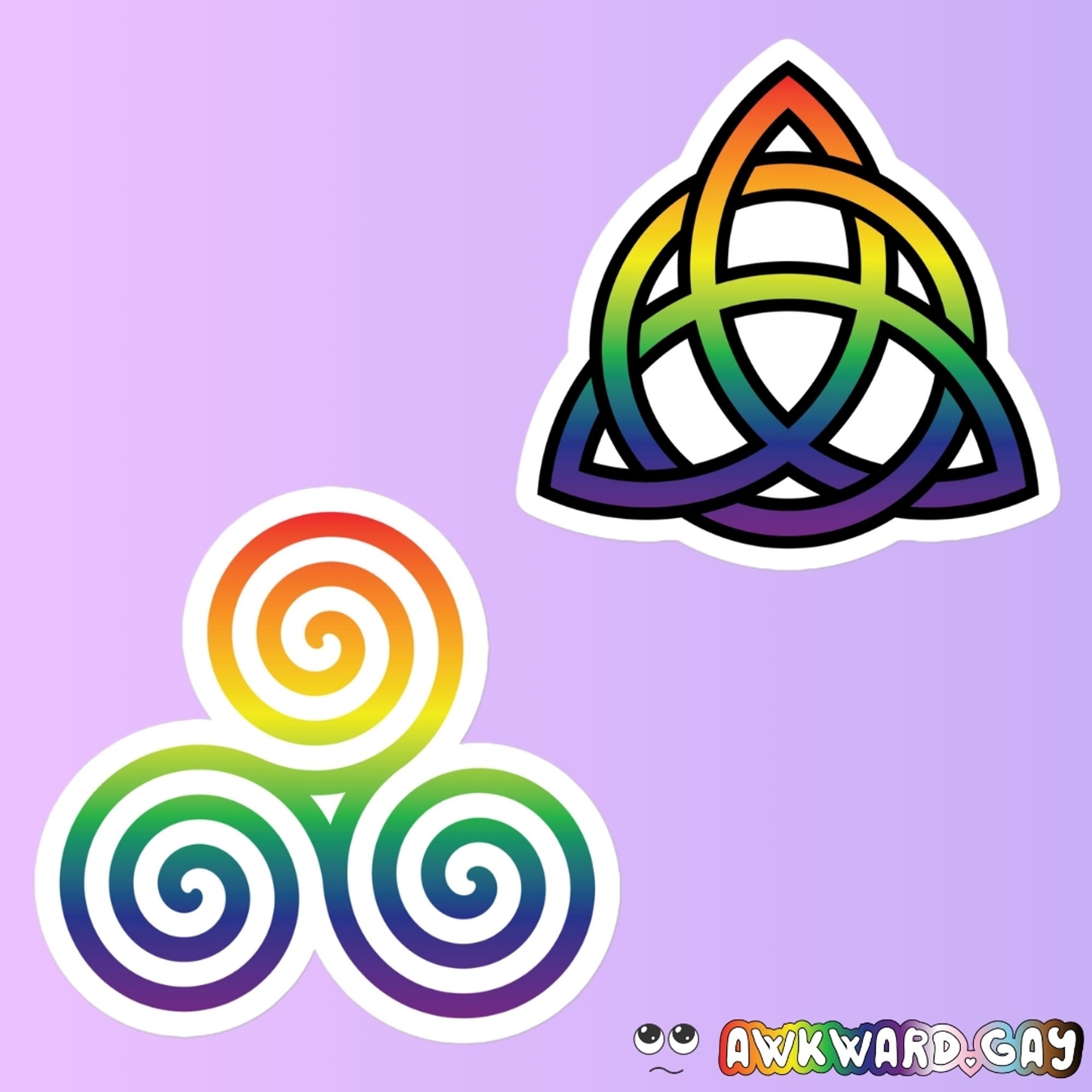 A mockup of 2 stickers, featuring Celtic designs of a Trinity Knot and a Triskelion, both in a rainbow pride gradient