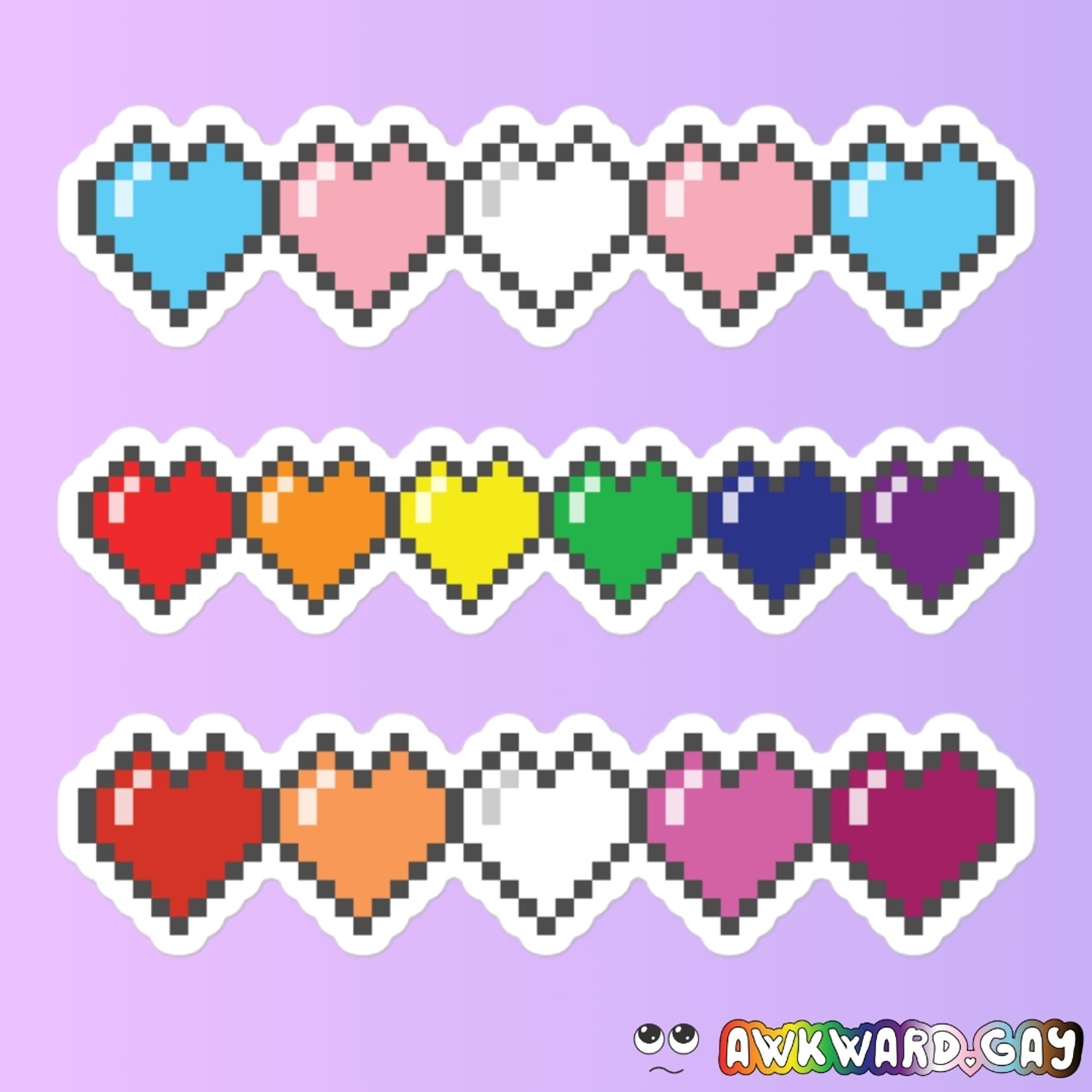 Mockup of 3 stickers featuring pixel graphic hearts in pride flag colours: trans, rainbow, and lesbian