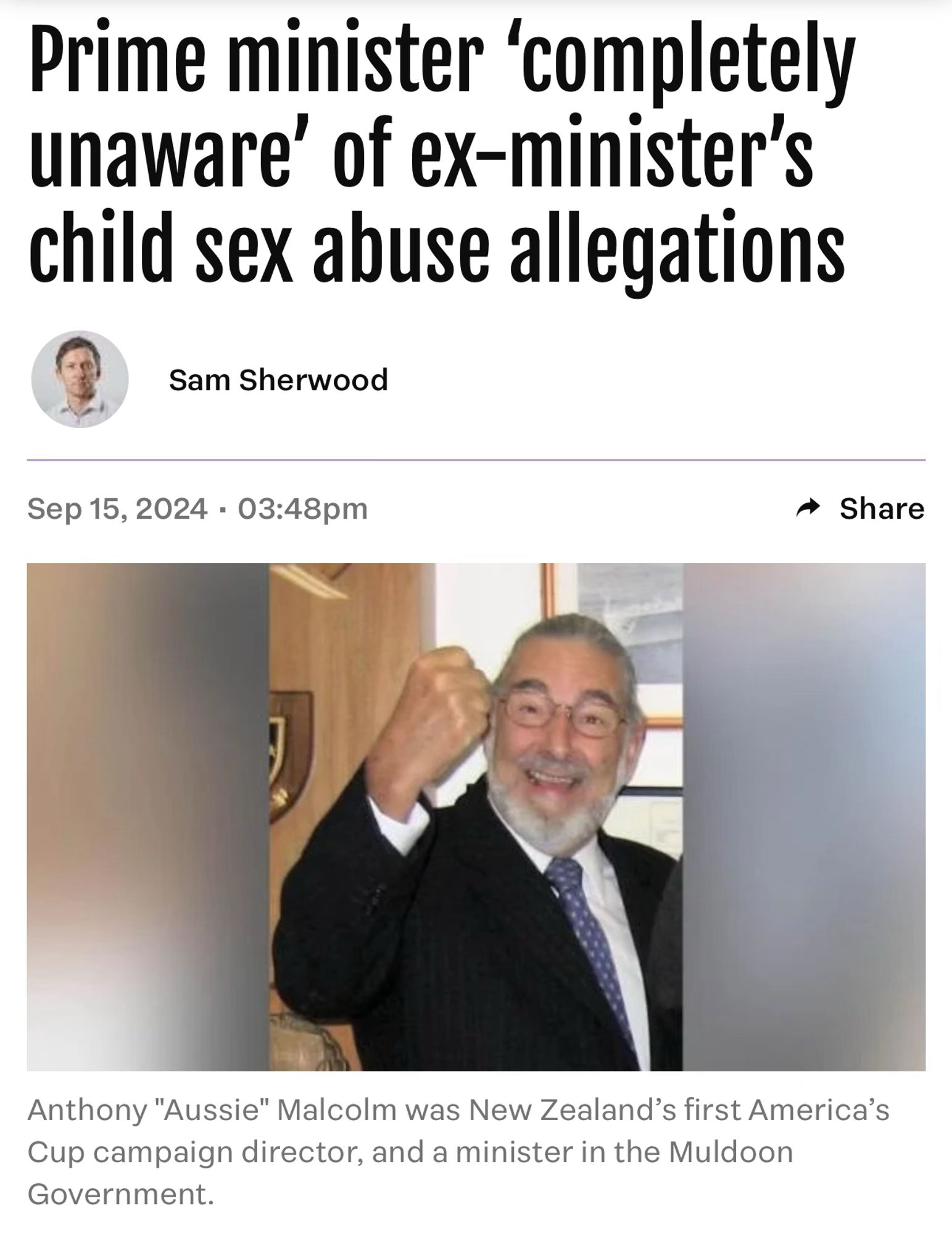 Headline

"Prime Minister 'completely unaware' of ex-minister's child sex abuse allegations"