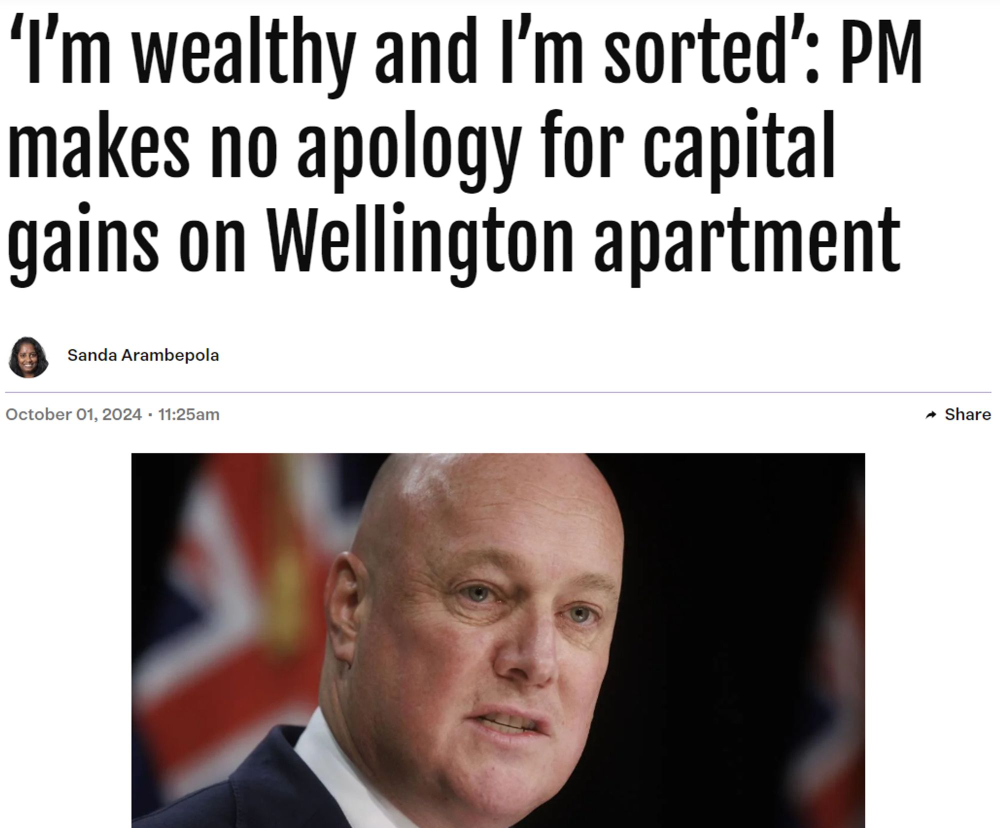 "I’m wealthy and I’m sorted": PM makes no apology for capital gains on Wellington apartment.

Headline from Stuff