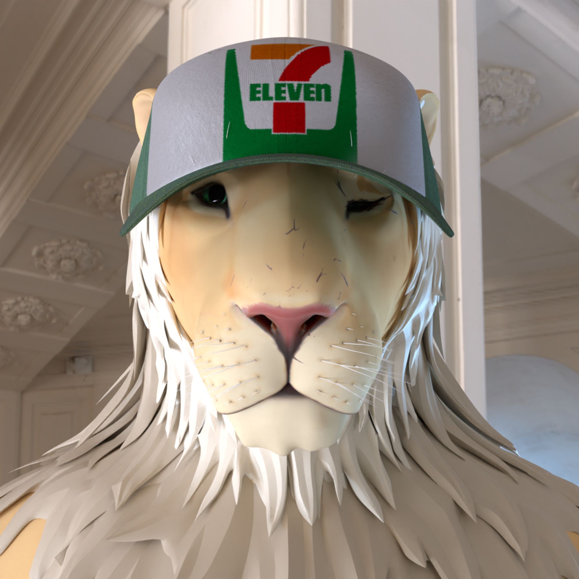 Previous image, but with a 7 Eleven Hat on. Also he's missing an eye and has scars on his face.