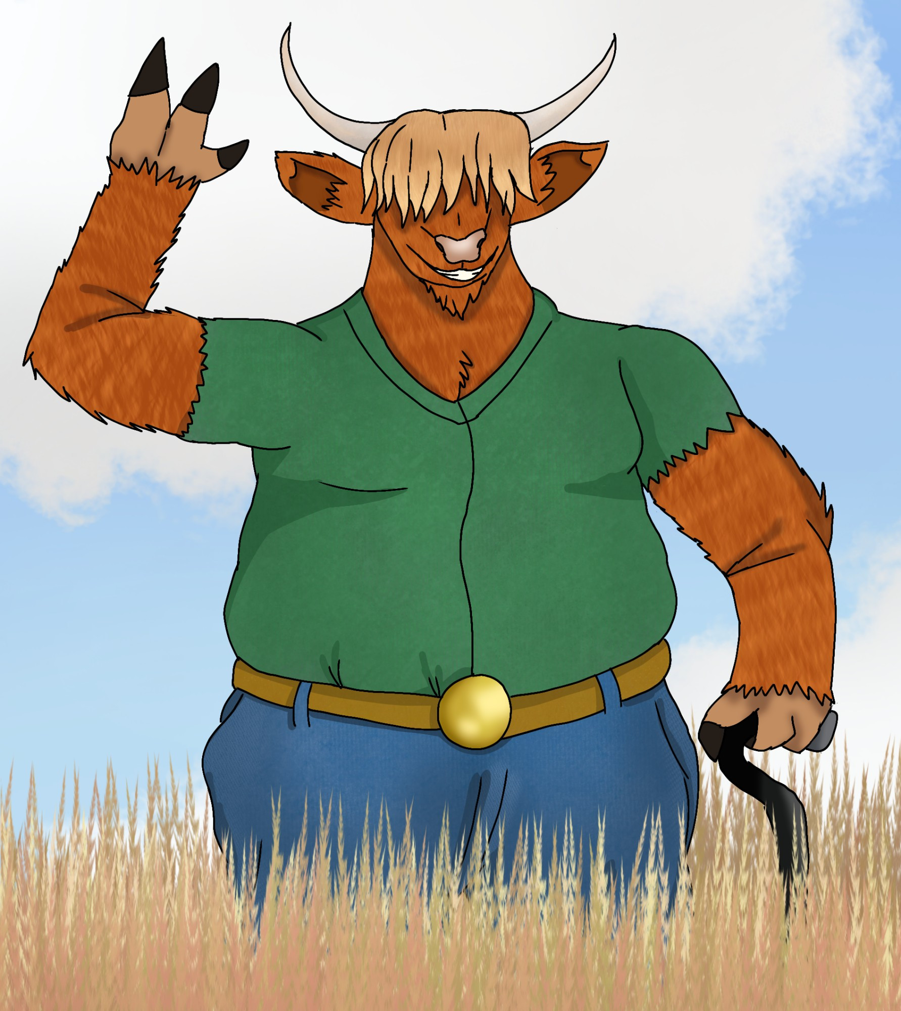 A picture of a highland cow anthro in a wheat field, waving at the viewer. They have a cane on their right side. The background is of a blue cloudy sky.