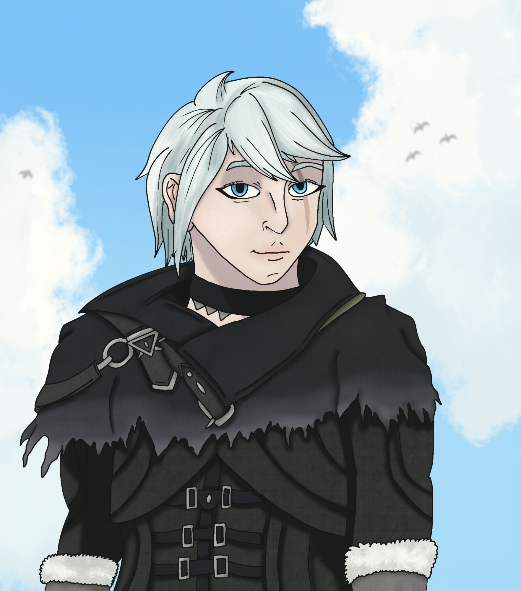 A picture of a white haired man in front of a blue cloudy sky. His outfit is mostly black, his eyes are blue and has a scar on his right eye.