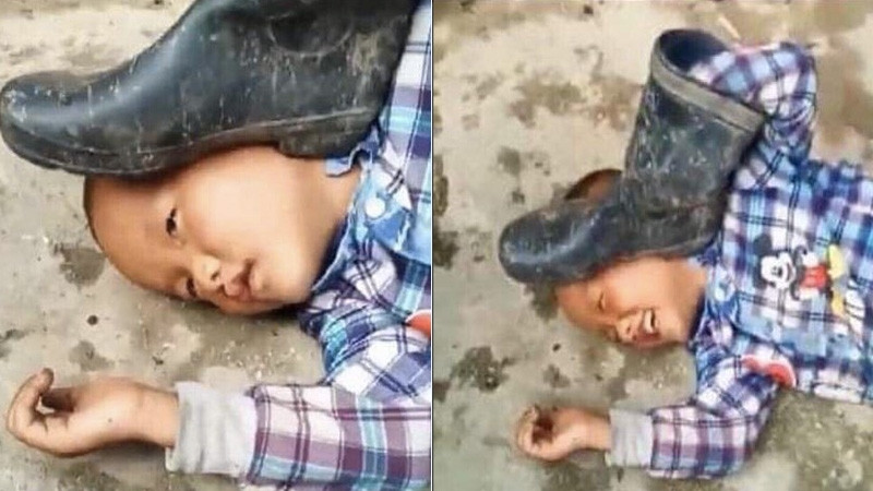An image of a child with a boot on the side of his head. The second image shows that the child has the boot on his hand and is putting it on himself.