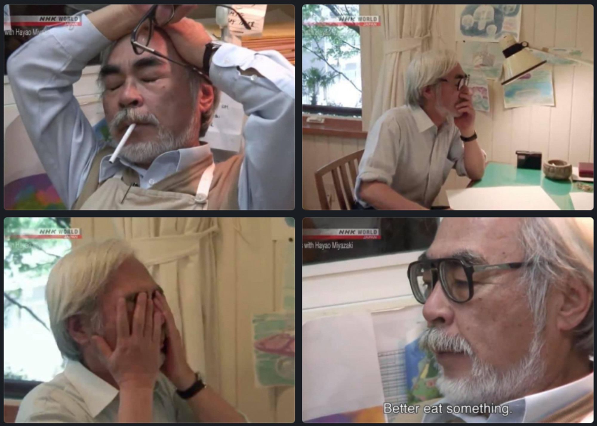 A meme set of poses of a white-haired Japanese man rubbing his face, pushing his glasses off his head, scowling into space and apparently chair sleeping in various stages of emotional distress