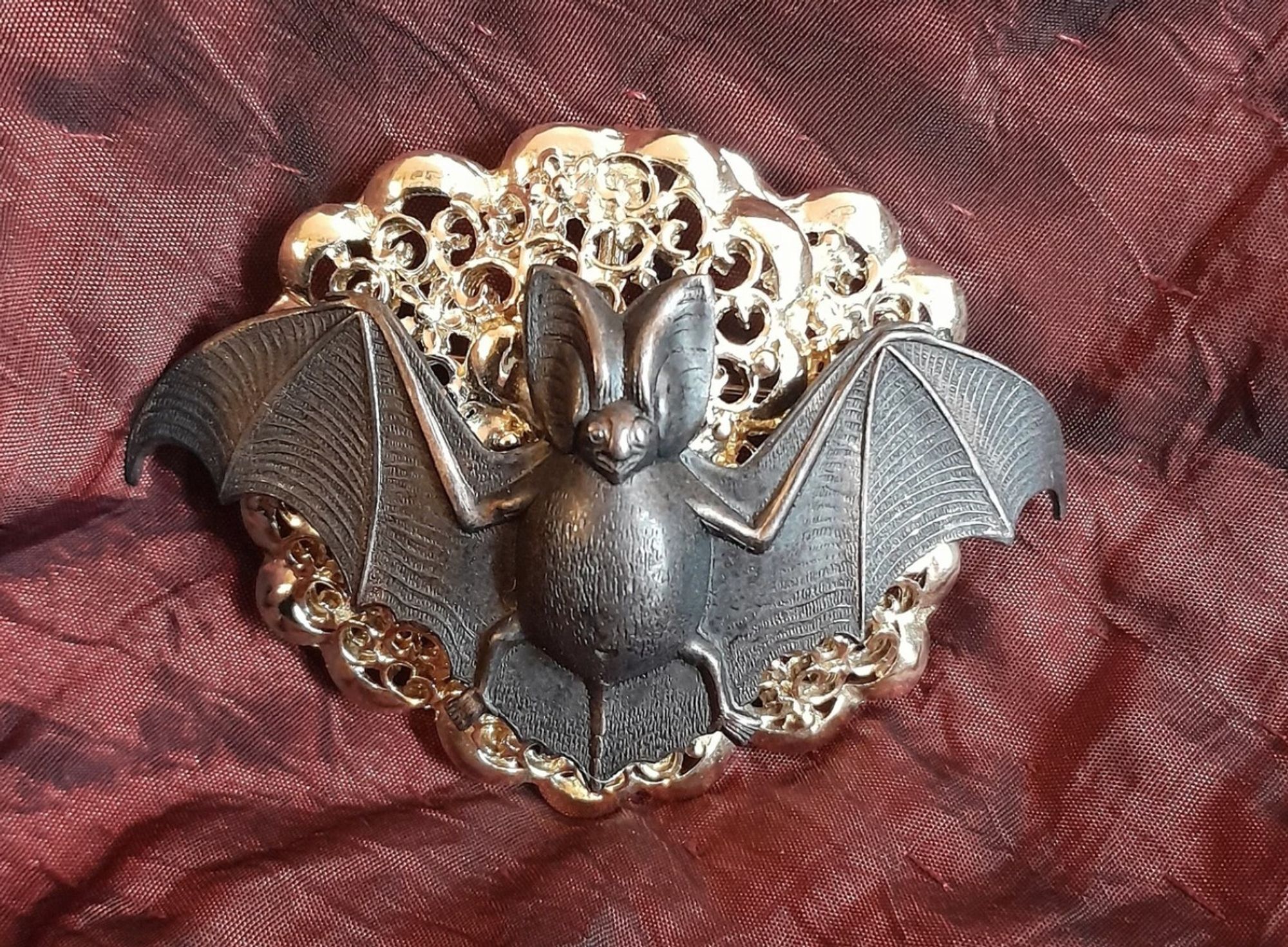 Large, Big-Eared Blackened Brass Bat on a Light Golden Filigree Brooch from the 1960s, Approx 4 inches in diameter, one of a kind!