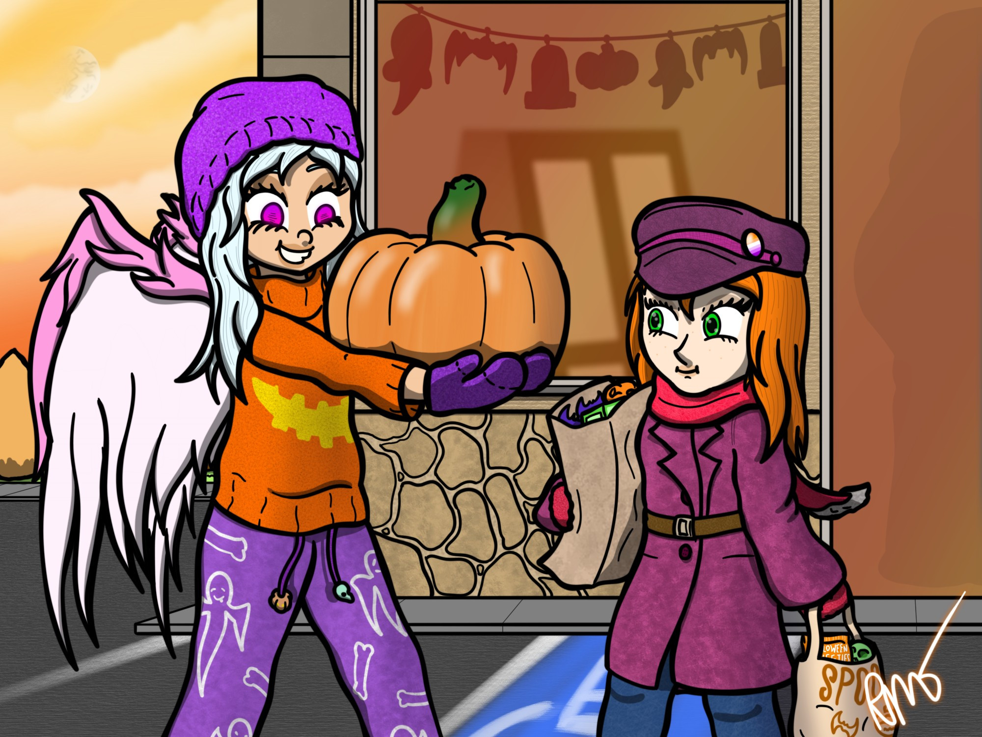 An angel and her human friend, outside a store with freshly purchased supplies for Halloween include bags containing sweets and a pumpkin.