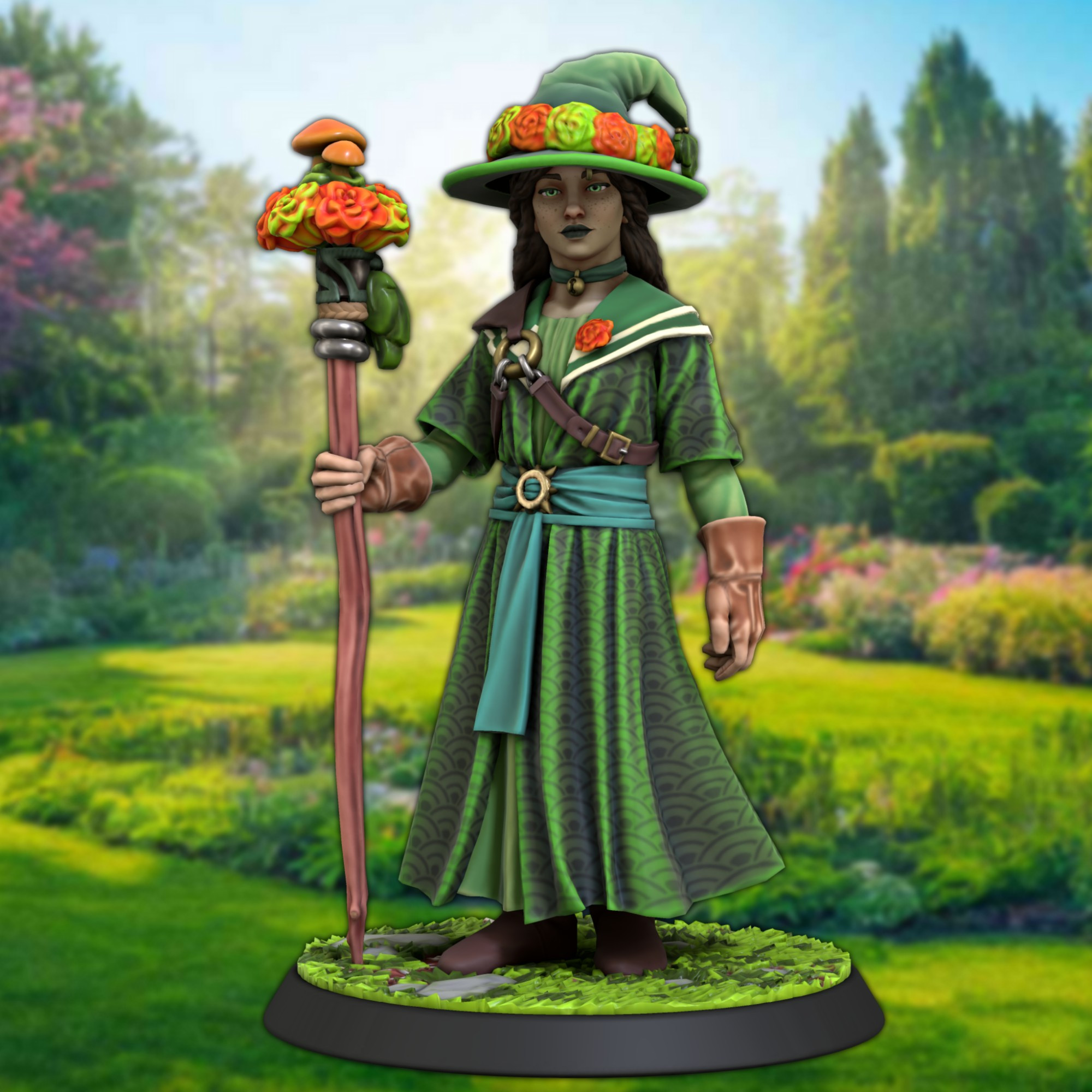 Plant Witch Flora Thornleaf 

A witch in green robes with gardening gloves, a pointed hat with a rim of flowers and a wooden staff adorned with mushrooms and more flowers.