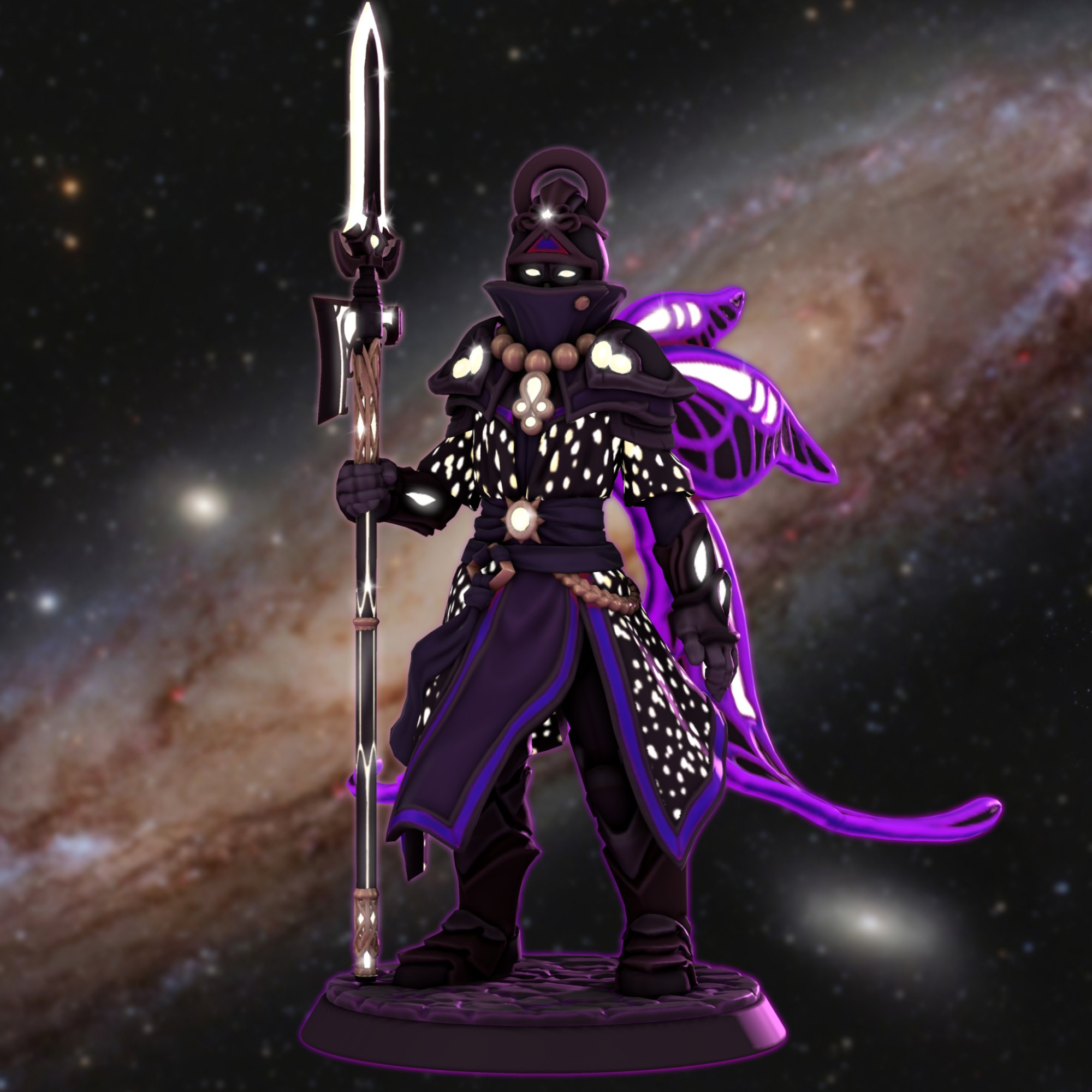 Celestial Sentinel 
A mysterious warrior from beyond the stars.

A figure in dark attire, dotted with glowing white spots. They carry a dark coloured, decorated halberd with a very large pointed tip. They have a pair of fairy like wings with luminescent violet trims. Their face is covered by a high collar and rounded helmet with their glowing white eyes peering through.