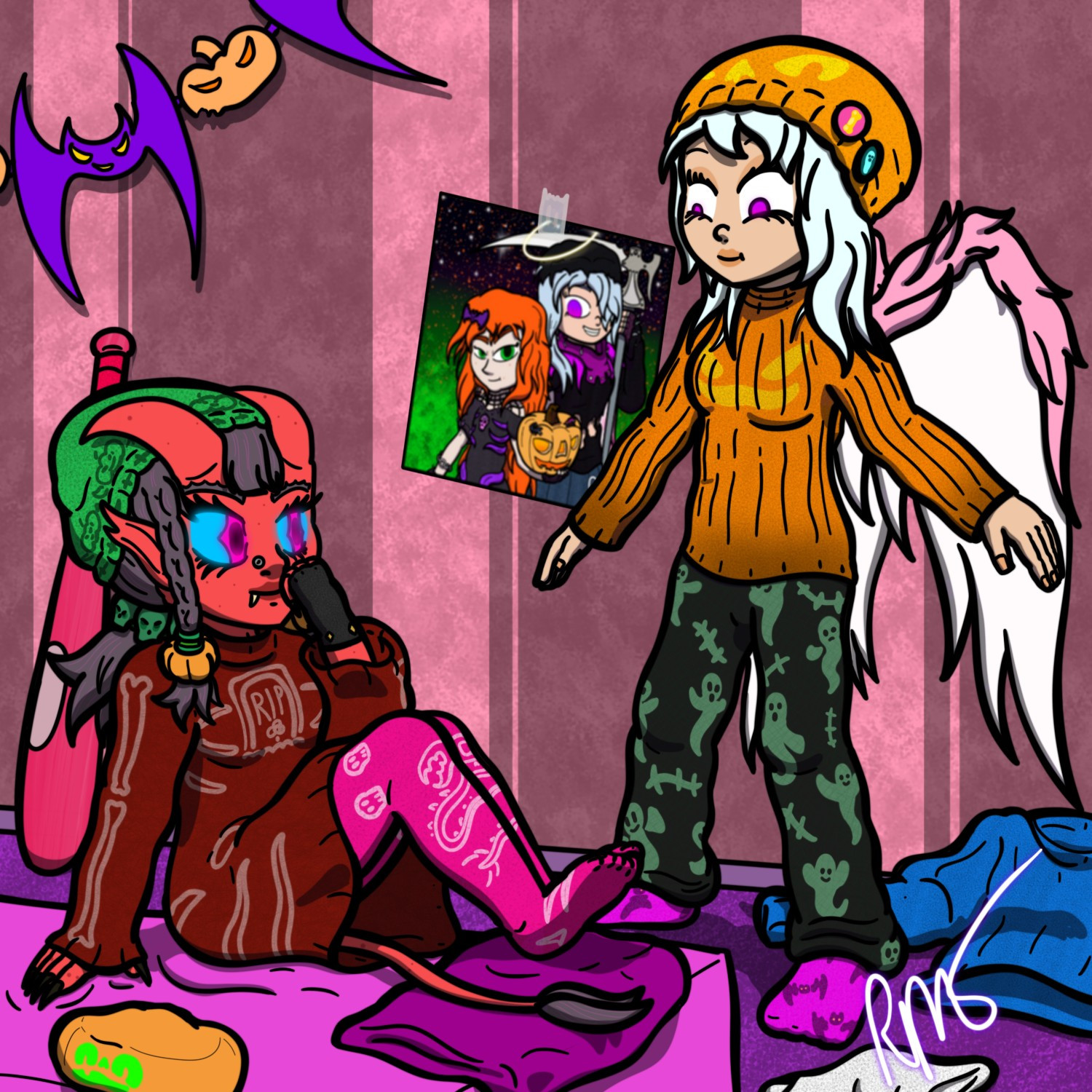 A demon and angel couple in their room, trying on outfits for the month. The demon wears a sack red jumper dress with pink socks and a green hat with pumpkin decals. The angel wears a orange hat and jumper, both with jack-o-lanturn faces, dark green joggers with ghost decals and pink socks with bat decals.