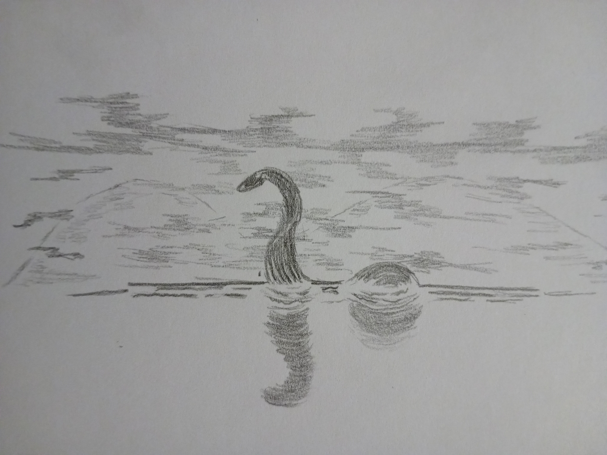 Atmospheric sketch of the Loch Ness Monster in silhouette set against clouds, mist, and hills.