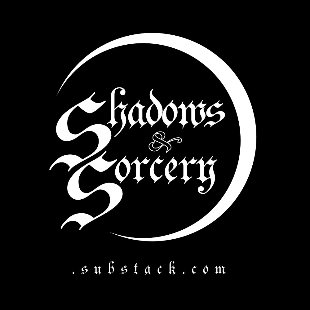 Logo for my dark fantasy flash fiction publication, Shadows & Sorcery on Substack. The name is written in a stylized gothic font surrounded by a white crescent.