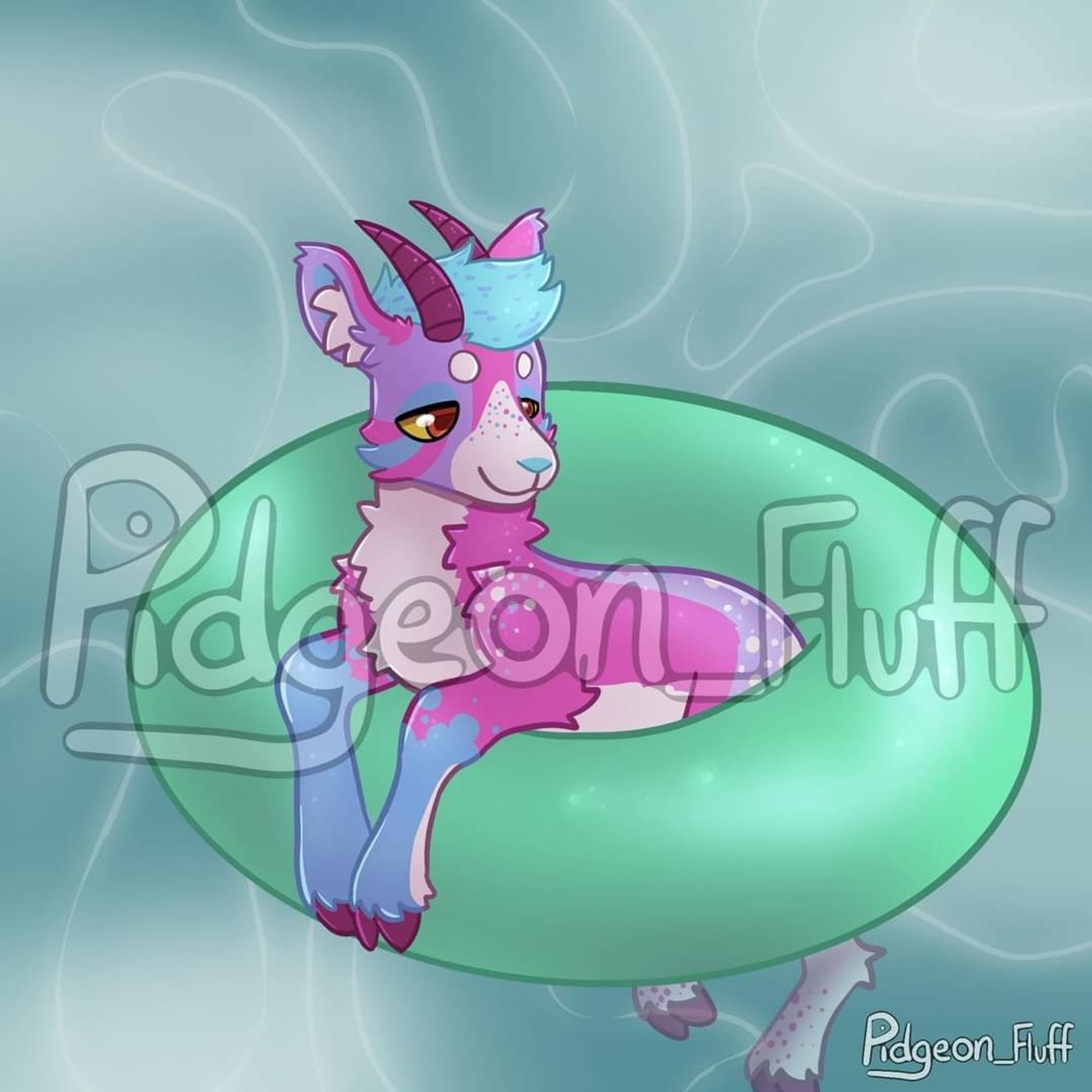 The image is a digital drawinf of a pink, blue, lavender, and white goat sitting in a teal pool ring in a pool. It has a relaxed expression and is smiling.