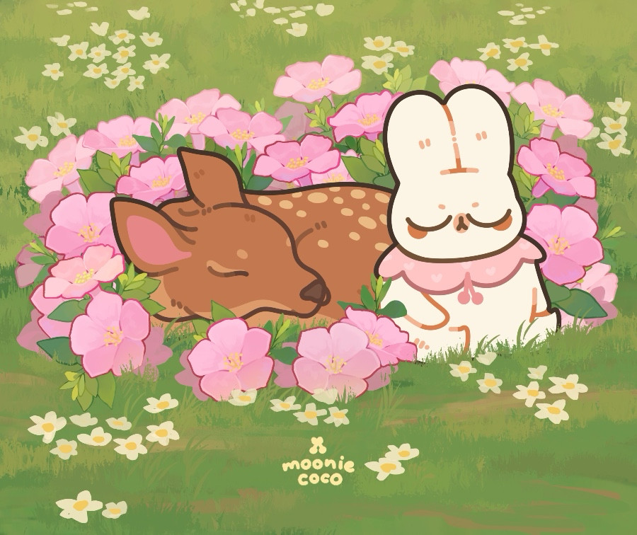 Bunny sleeping next to a fawn on a pink flower bed surrounding by green grass