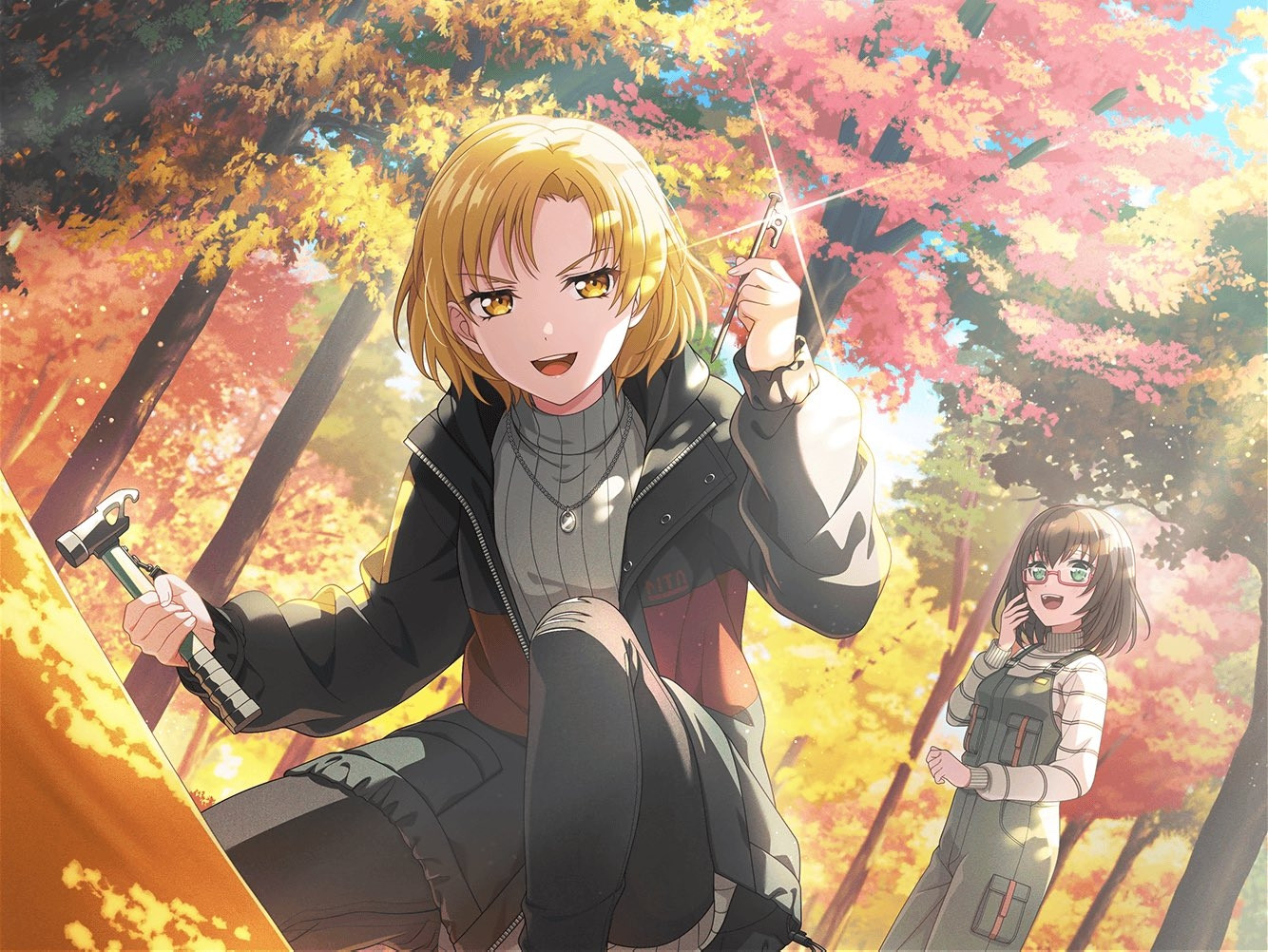 Bandori card art of Masuki Satou assembling a tent, with Maya Yamato looking on in the background