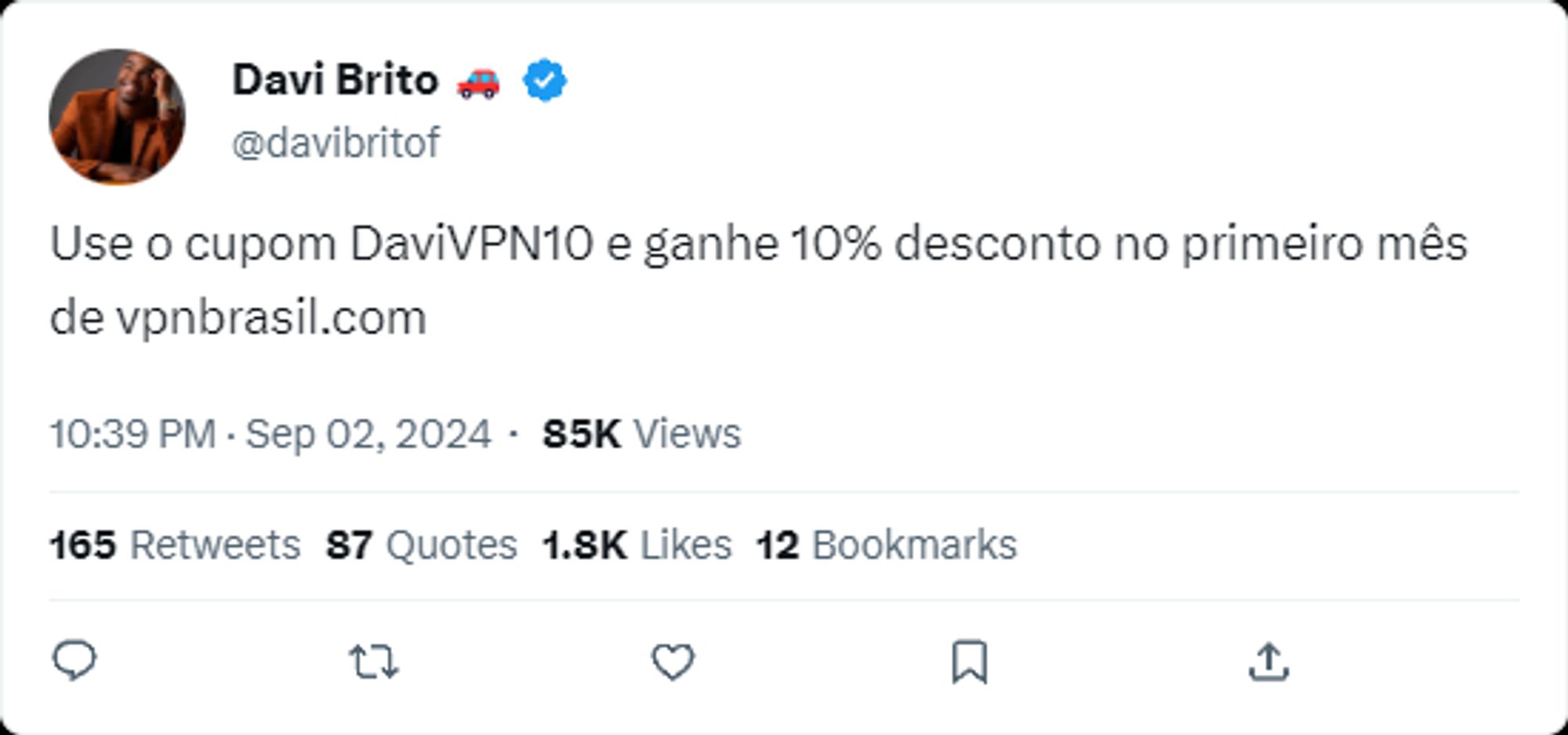 Davi Brito em post no X anunciando desconto em site VPN.