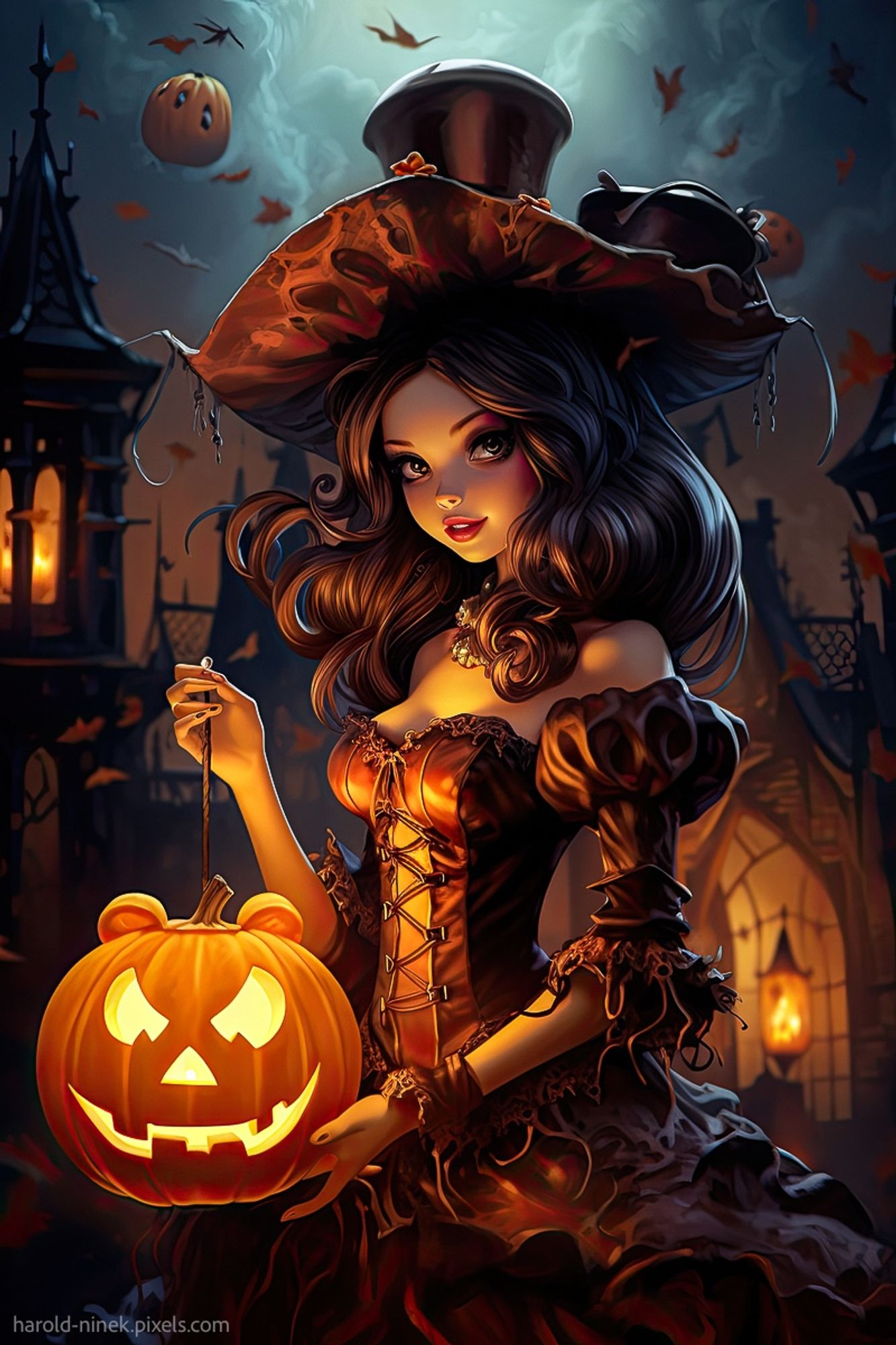 A young princess stands gracefully under the moonlight, dressed in a vintage outfit with a fitted bodice and a large, elegant hat. She holds a lit pumpkin in her hands, its carved smile glowing warmly and gently lighting up her face, highlighting her youthful charm. The scene is calm and enchanting, with the soft light of the pumpkin complementing her serene expression.