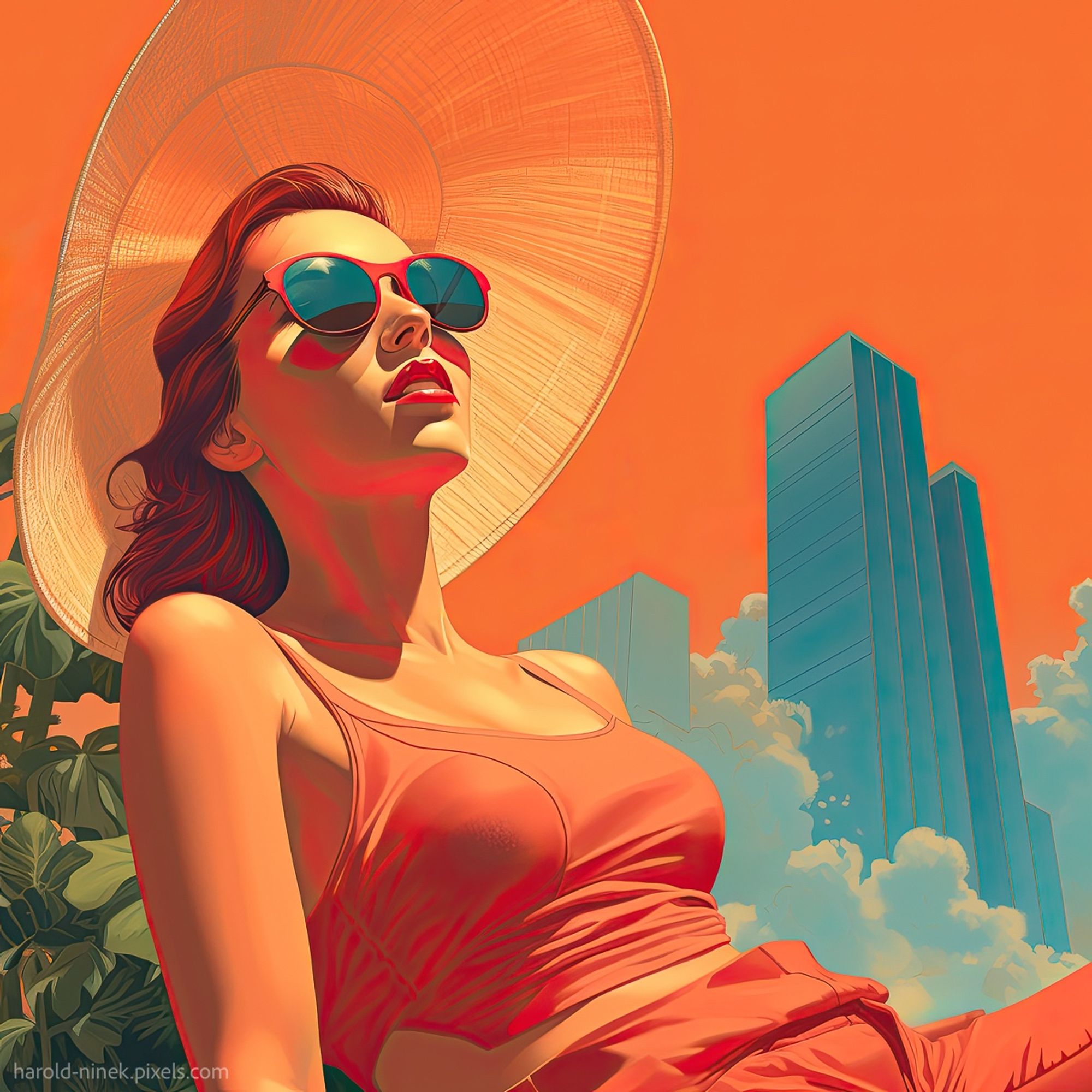 In this artwork titled "Summer in the City," a woman sits serenely under the warm sun, adorned with a sunhat and sunglasses. She exudes a sense of tranquility as she enjoys the summer day. In the background, the bustling cityscape adds depth to the scene, capturing the essence of urban life amidst the peaceful moment.