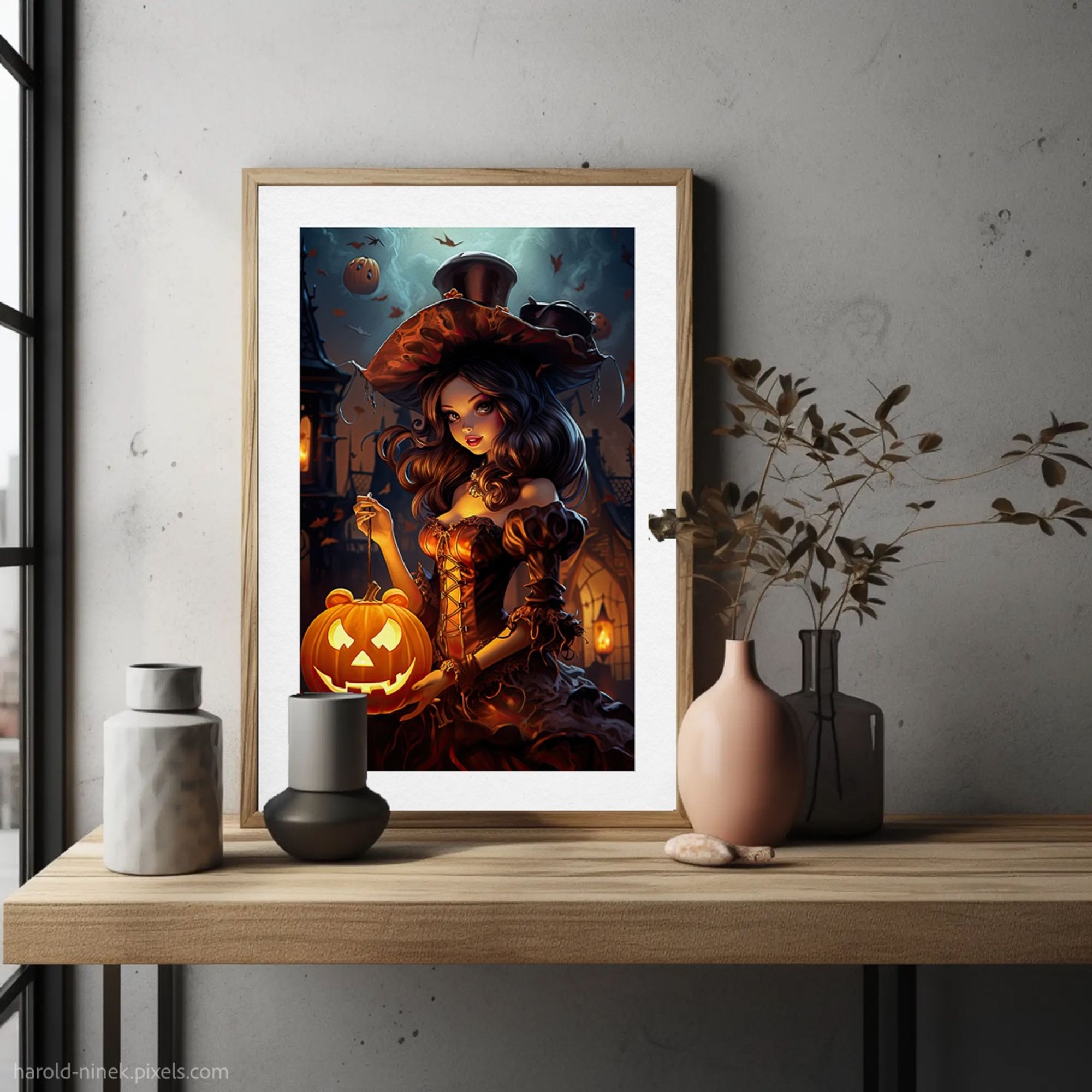 In a modern room, a framed print rests on a shelf, capturing the image of a young princess standing under the moonlight. She wears vintage attire with a fitted bodice and a large, elegant hat. In her hands, she holds a lit pumpkin, its carved smile casting a warm, gentle glow that subtly illuminates her face. The soft light highlights her serene expression, adding a touch of timeless charm to the otherwise sleek, contemporary setting. The contrast between the nostalgic scene and the modern surroundings adds to the print’s appeal.