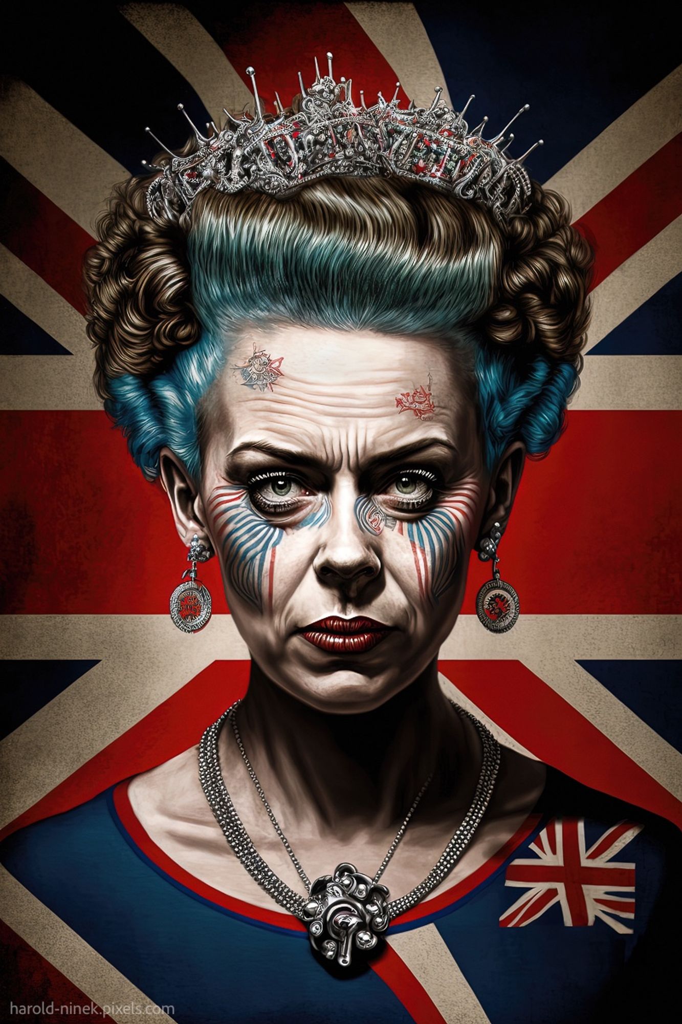 Imagine a painting titled "Punk Queen." It depicts a powerful figure, the British Queen of Punk, capturing her rebellious spirit and regal presence. She wears a majestic crown atop her head, her vibrant blue hair adding a bold contrast to her edgy facial tattoos. The artwork combines elements of punk culture with a sense of royal elegance, creating a striking and unique portrayal of this iconic figure.