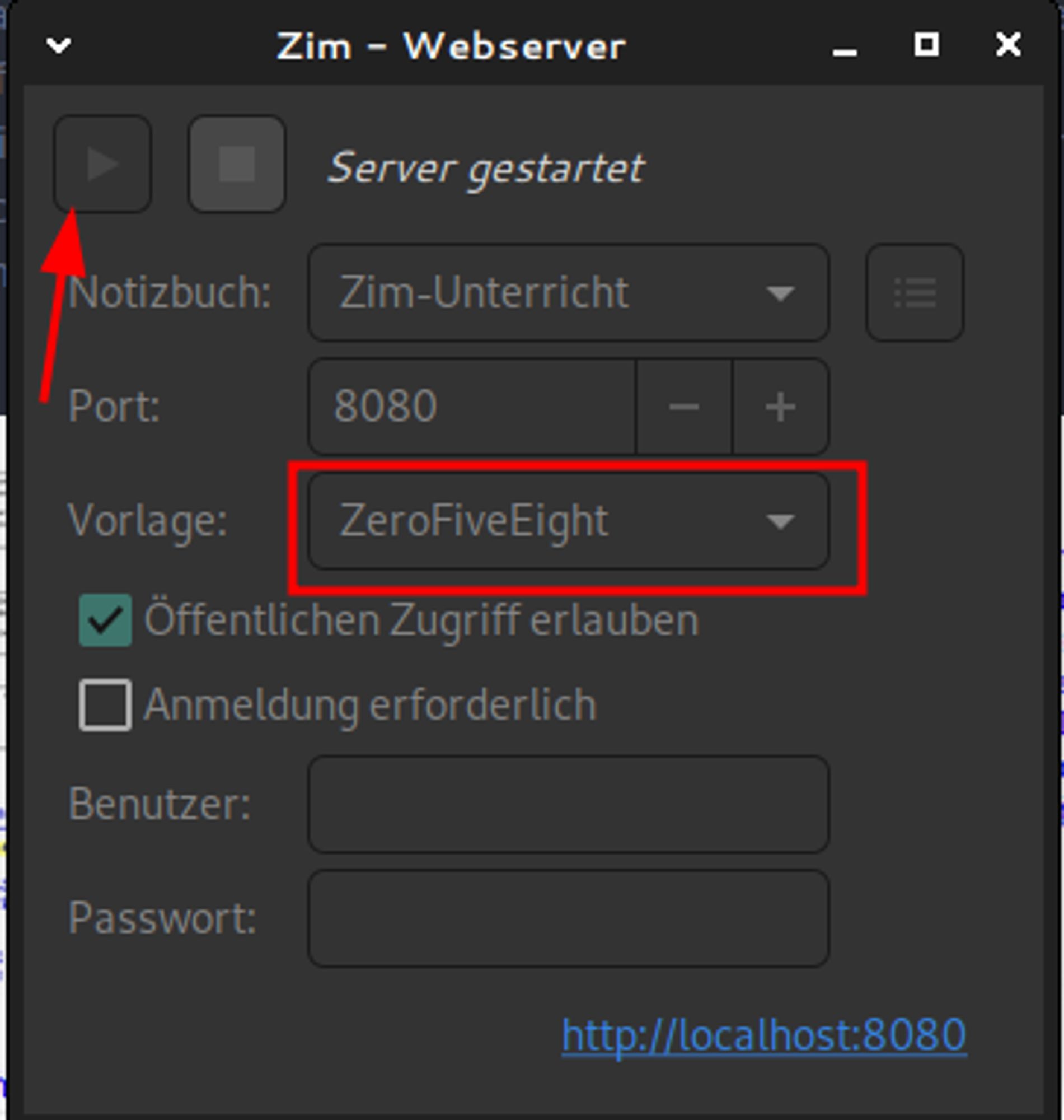 Unter Werkzeuge/Webserver starten kann dieses Fenster geöffnet werden, der Port ausgewählt und die Vorlage angepasst werden. Auch eine vorherige Anmeldung kann erzwungen werden.