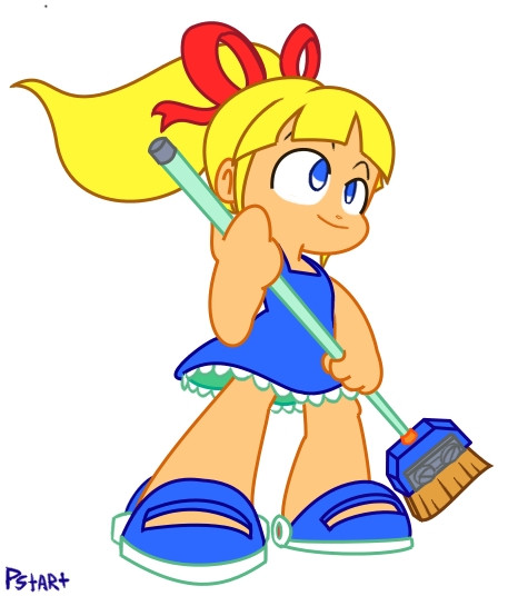 Roll from Mega Man in her classic outfit, except it's blue in color. She's holding a broom.