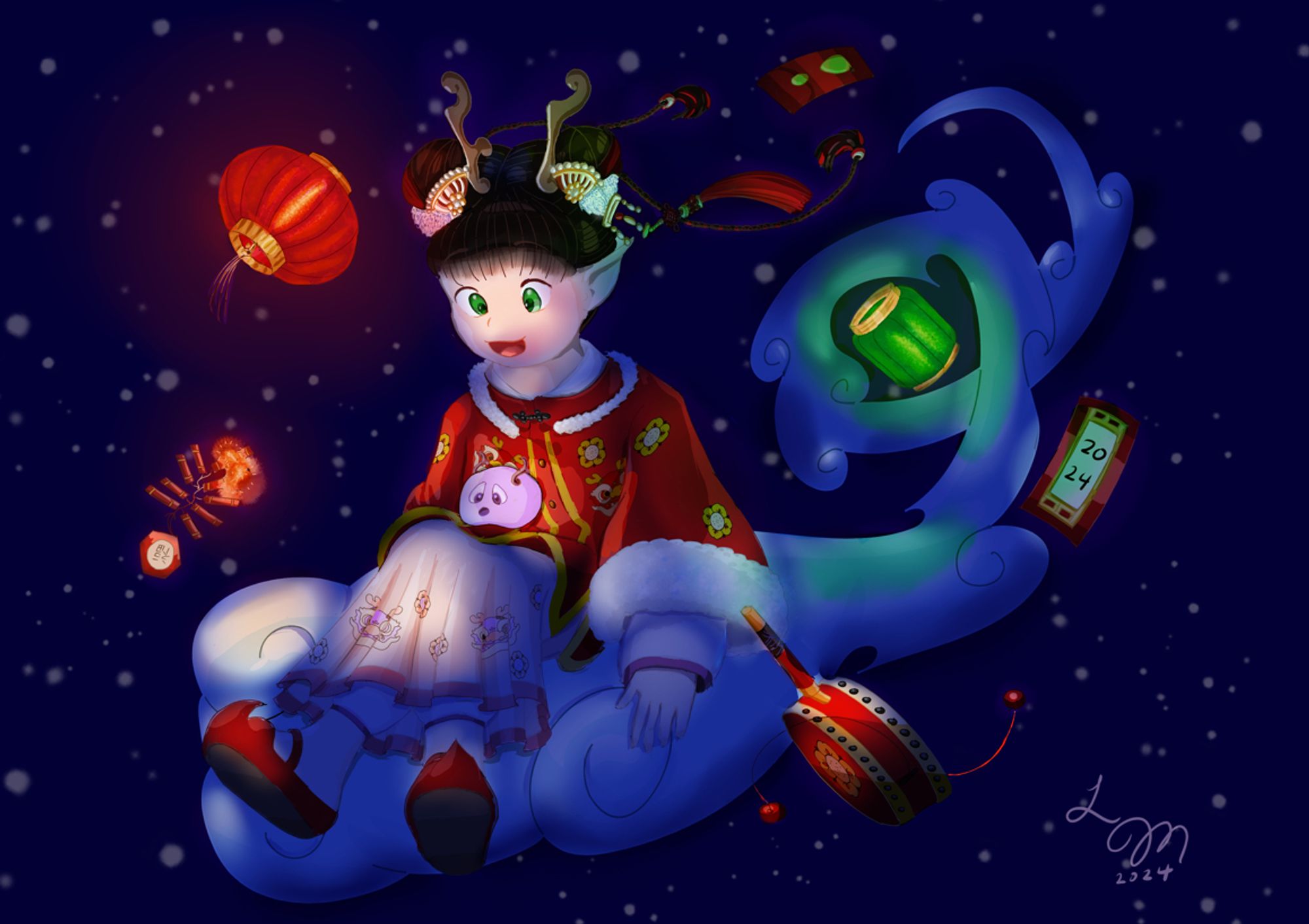 Lunar New Year 2024, Girl flying on cloud with lanterns.