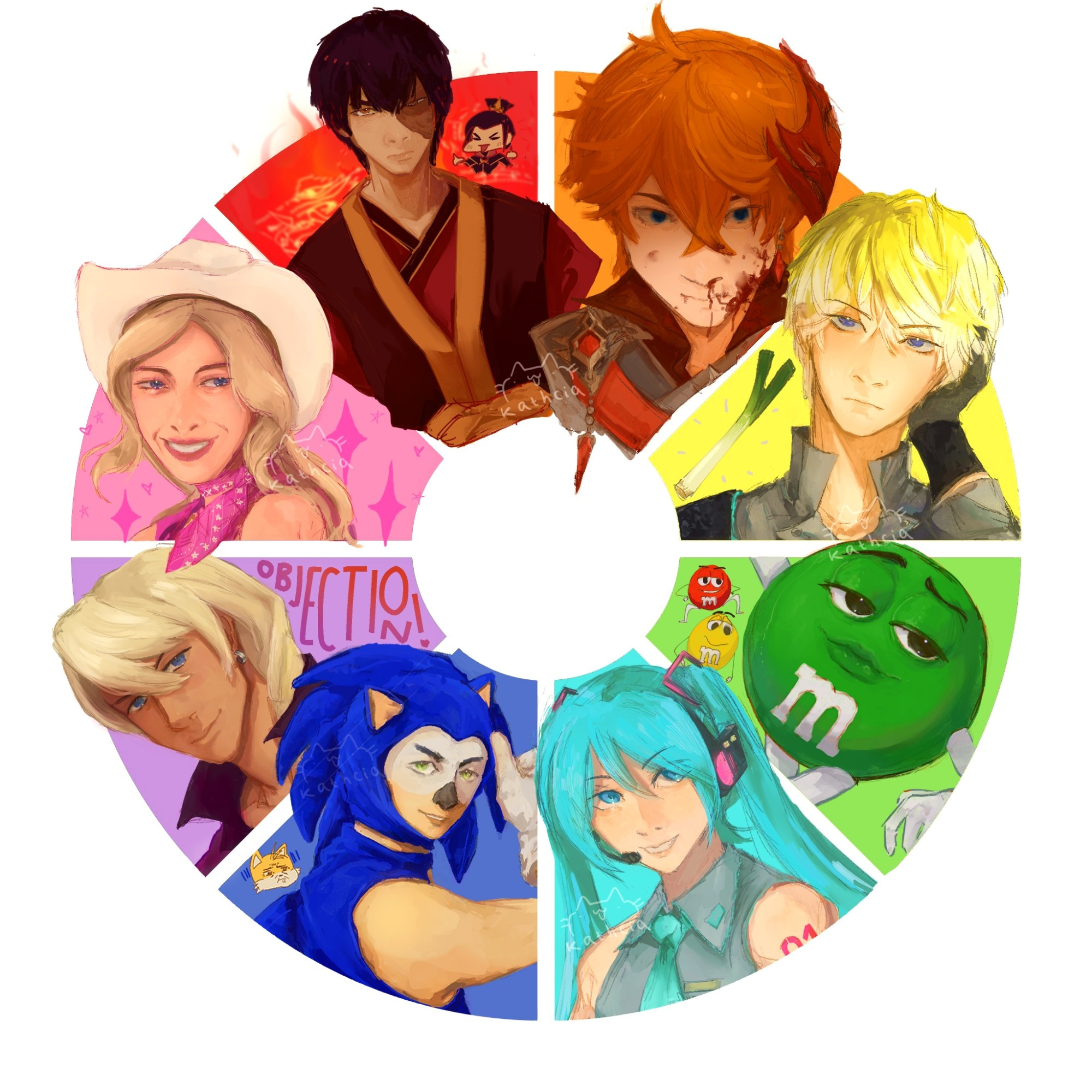 Colorwheel art challenge, fanarts of characters based on their colourscheme.

Red: Zuko, ATLA
Orange: Childe/Tartaglia, Genshin Impact
Yellow: Sonny Brisko, Nijisanji EN
Green: Green M&M
Teal: Hatsune Miku
Blue: Human Sonic
Purple: Klavier Gavin, Ace Attorney
Pink: Barbie, Barbie movie 