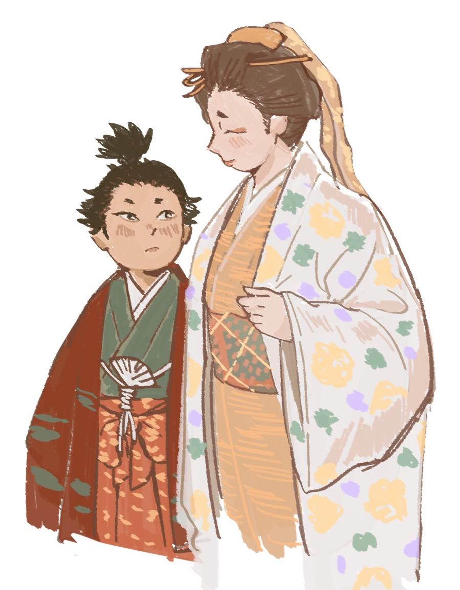 my oc Yukiha and Teha's oc Yoshinari as mother and son, wearing Ooku-inspired edo clothing