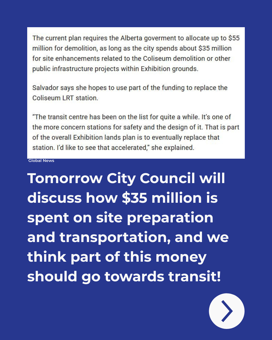 tomorrow city council will discuss how $35 million is spend on site preparation and transportation, and we think part of this money should go towards transit!