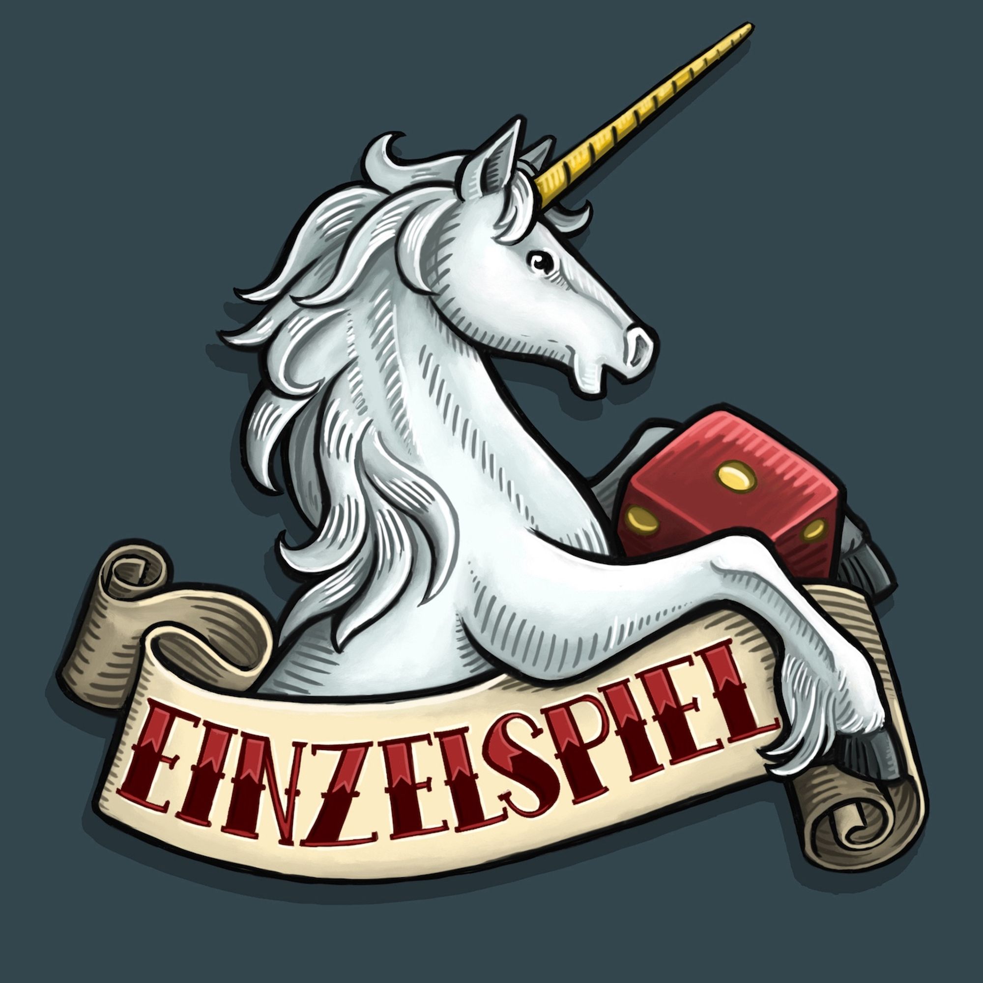 Das Einzelspiel Logo, ein Einhorn mit Würfel und Banderole.