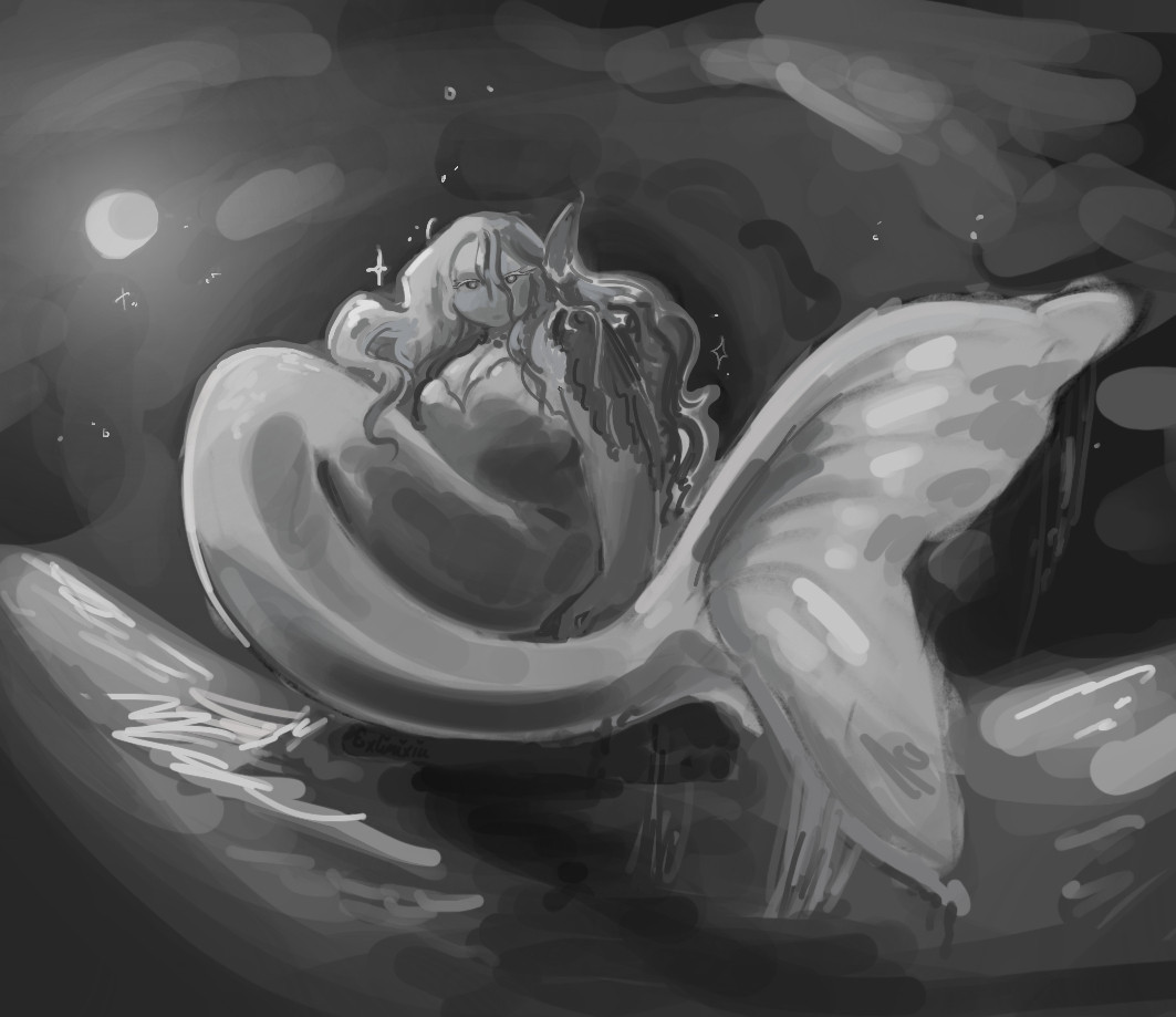  A grayscale digital painting of a mermaid sitting on a rock in the center of the canvas. The moon hangs in the sky in the upper left of the canvas, casting a light over the sea and haloing the mermaid in bright light. Her tail lifts from the sea as she looks down upon the viewer with a harshly neutral expression.