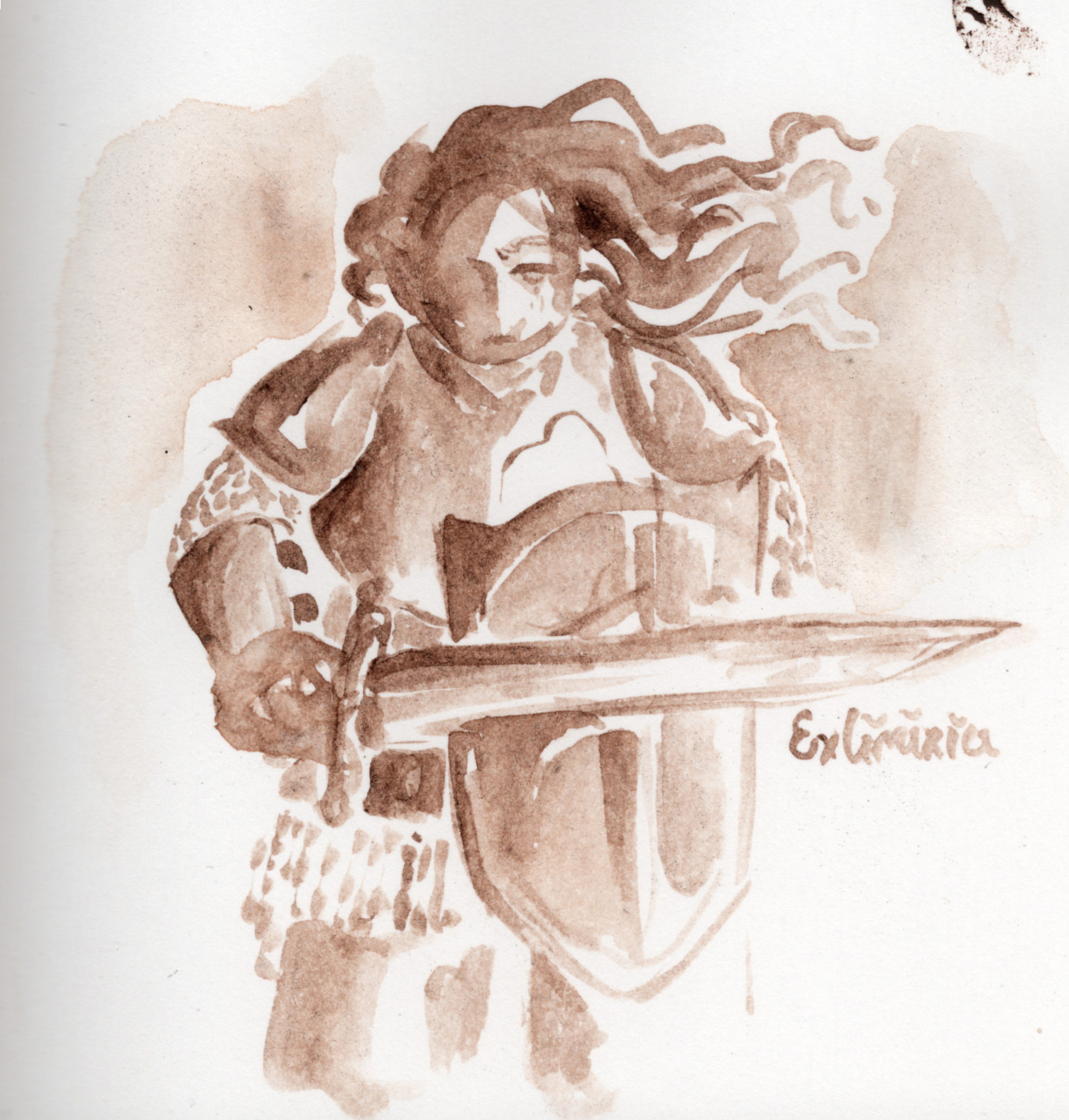 A simple watercolor painting done with brown paint. In it, a woman in full knights armor (sans the helmet) faces the viewer, her sword drawn out in front of her and her raised shield. Her face is partially obscured by shadow and her hair flows off to the right in the wind.