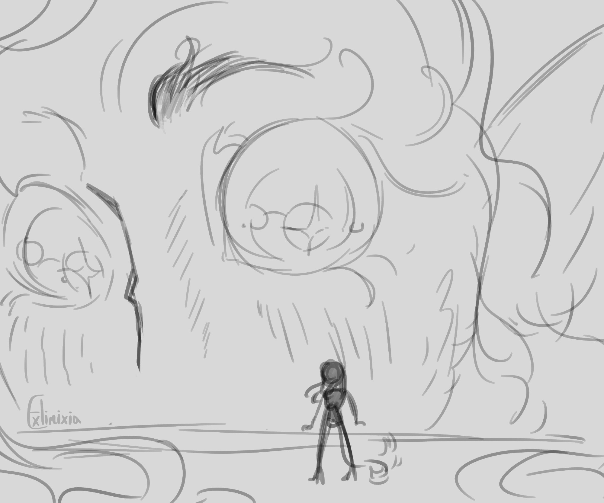 A digital sketch of my OC, Exelia, as a giant peering over at her spouse over a cliff's edge. She is staring with wide, wild eyes focusing down at them.