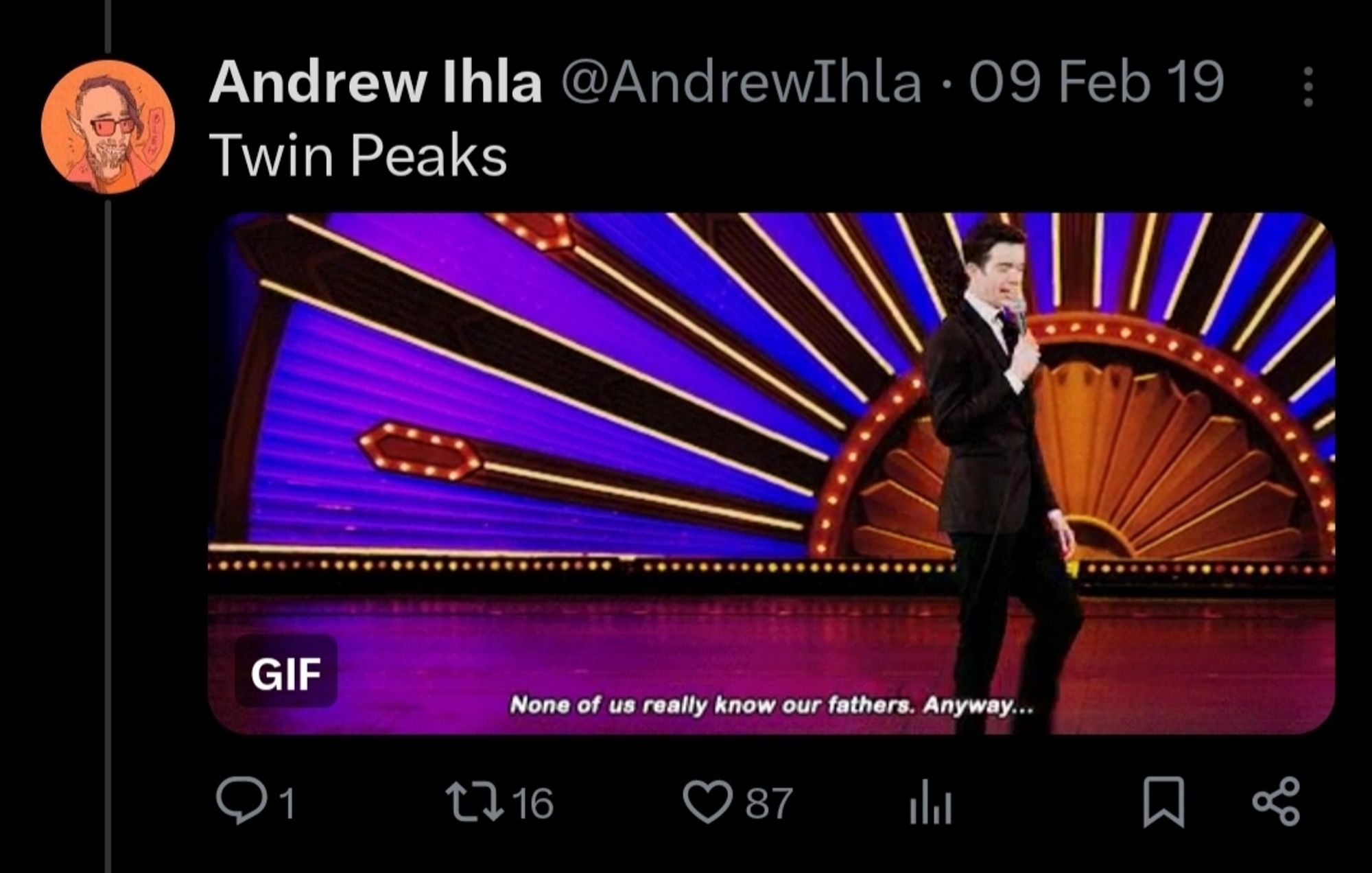 Screenshot of a tweet from the account @andrewihla, featuring a still of John Mulaney saying "None of us really know our fathers. Anyway..." and the caption "Twin Peaks"