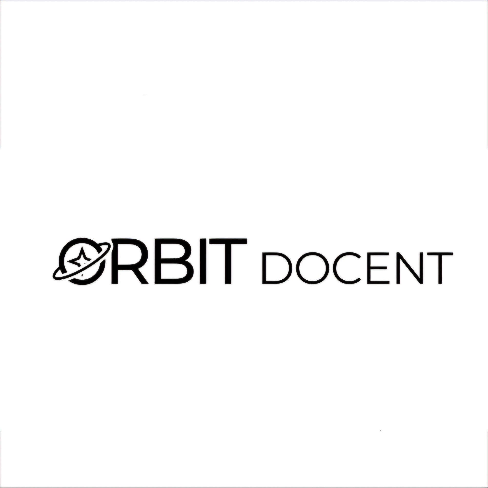 ORBIT DOCENT라는 타이포가 있는 로고. 첫 글자의 O에 궤도 모양의 고리가 있고, 안쪽 가운데에 사각별이 있다.