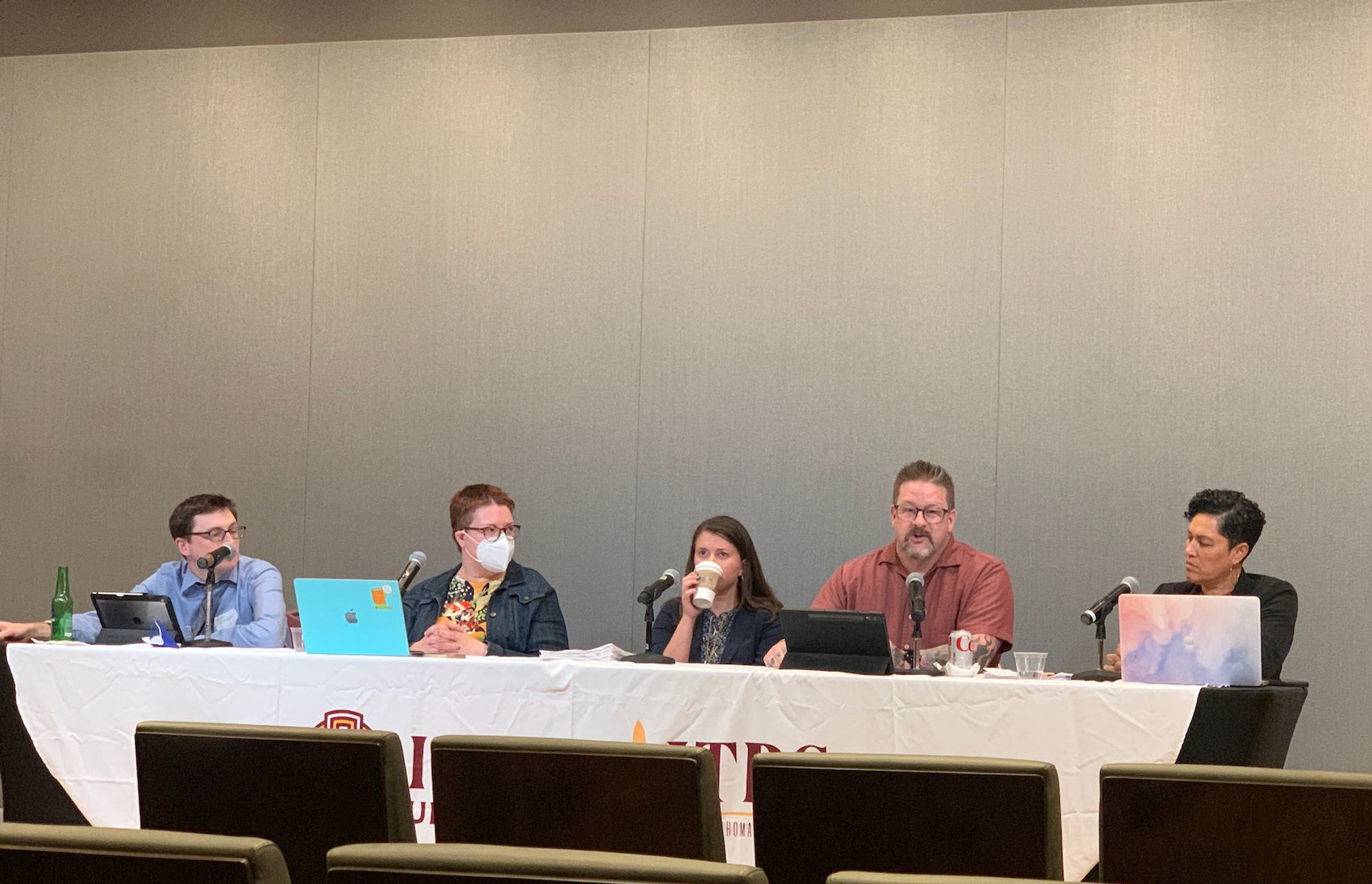 A panel at a conference at Iona College. From left to right, Mark Boonshoft, Cate Denial, Rebecca Brenner Graham, Kevin Gannon, and Jennifer Macon.