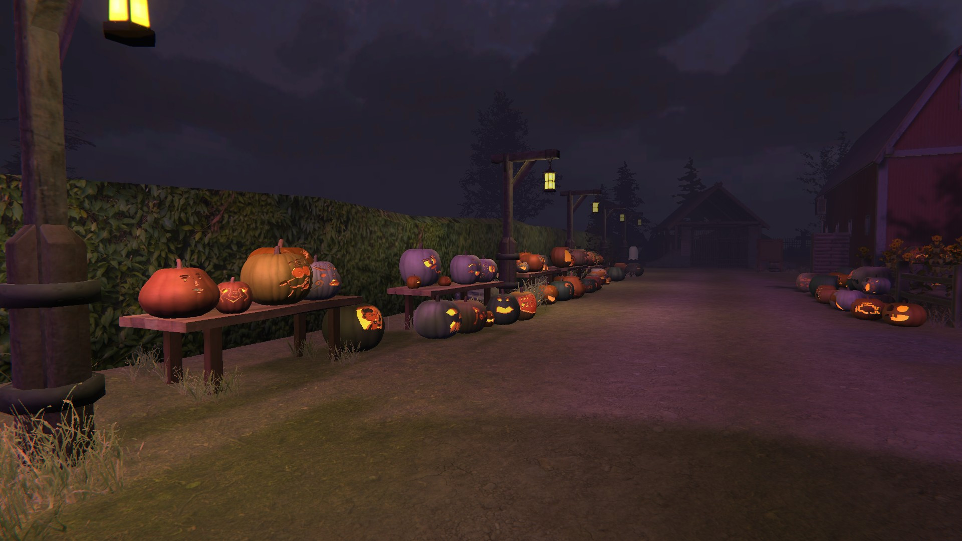 A row of pumpkins on tables