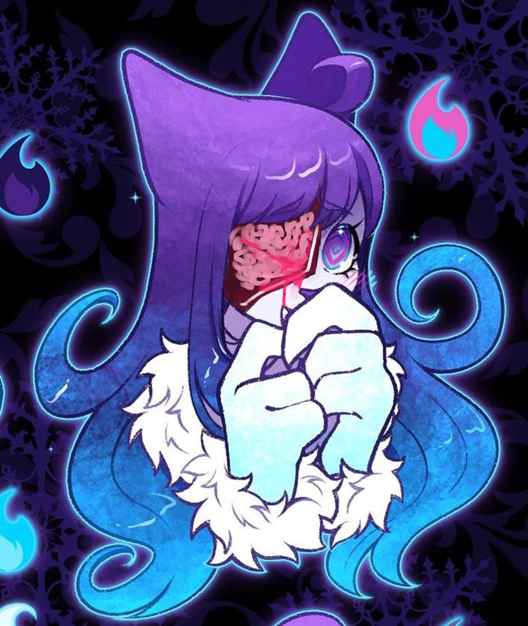 On a purple and black background, the torso and paws of a white furred ghost dog is visible. Her large paws cover her lower face shyly, and her long purple and blue hair frames her torso

On the side of her face towards the viewer, a section is missing, like the cutting of a cake. But instead of sugary sweetness, is the exposed pink and magenta flesh of her brain

Caption: For the spooky season!

Icon art by HelixOculos
Gore edit by CurseSweetCurse