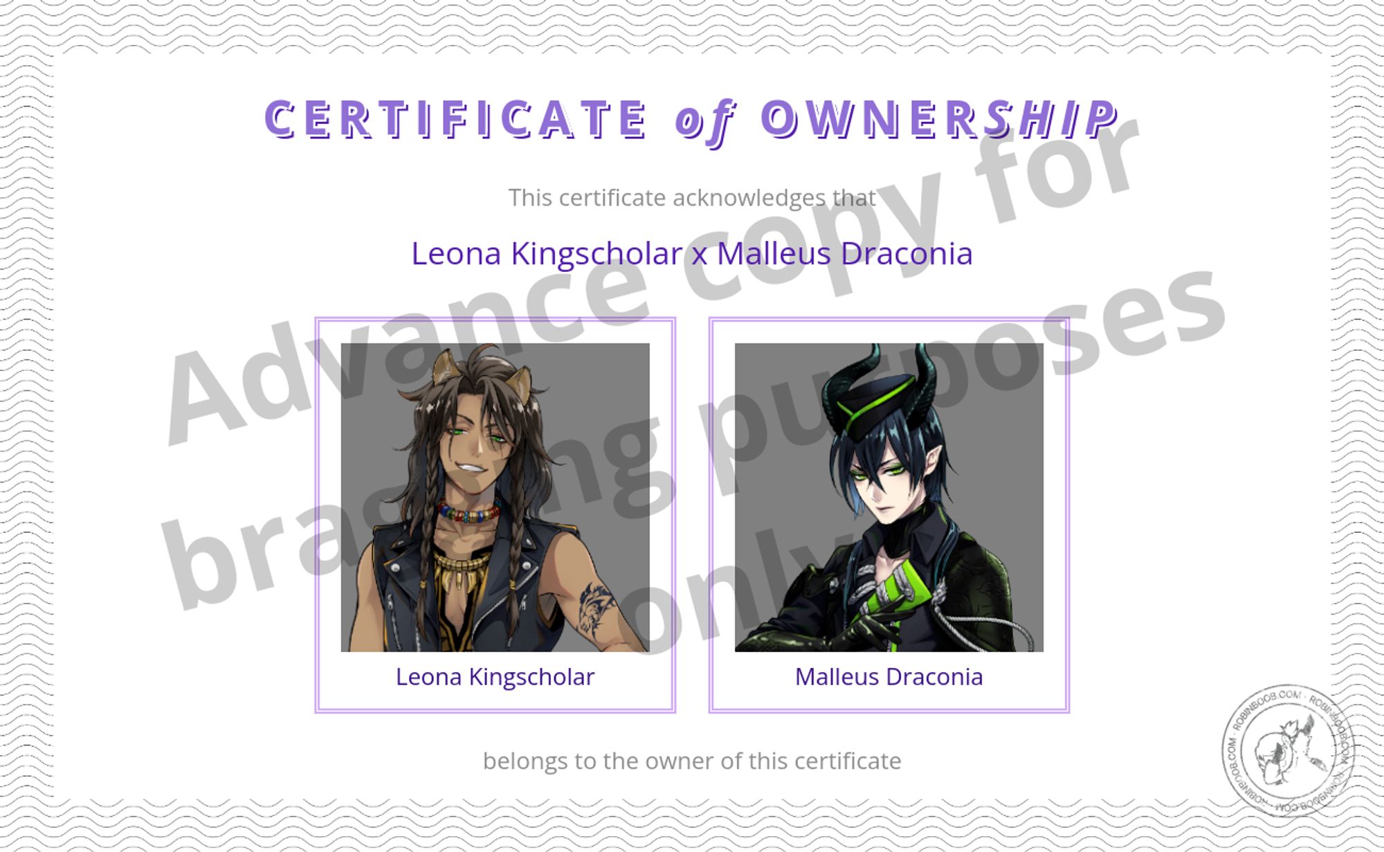 A Certificate of "Ownership" for the ship Leona Kingscholar x Malleus Draconia