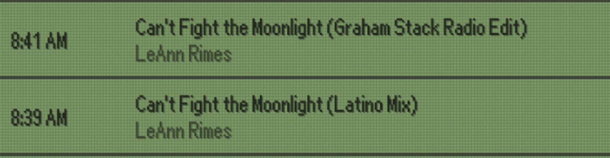 somebody playing two different versions of the terrible song "Can't Fight the Moonlight" in a row, somewhere in the San Francisco Mission