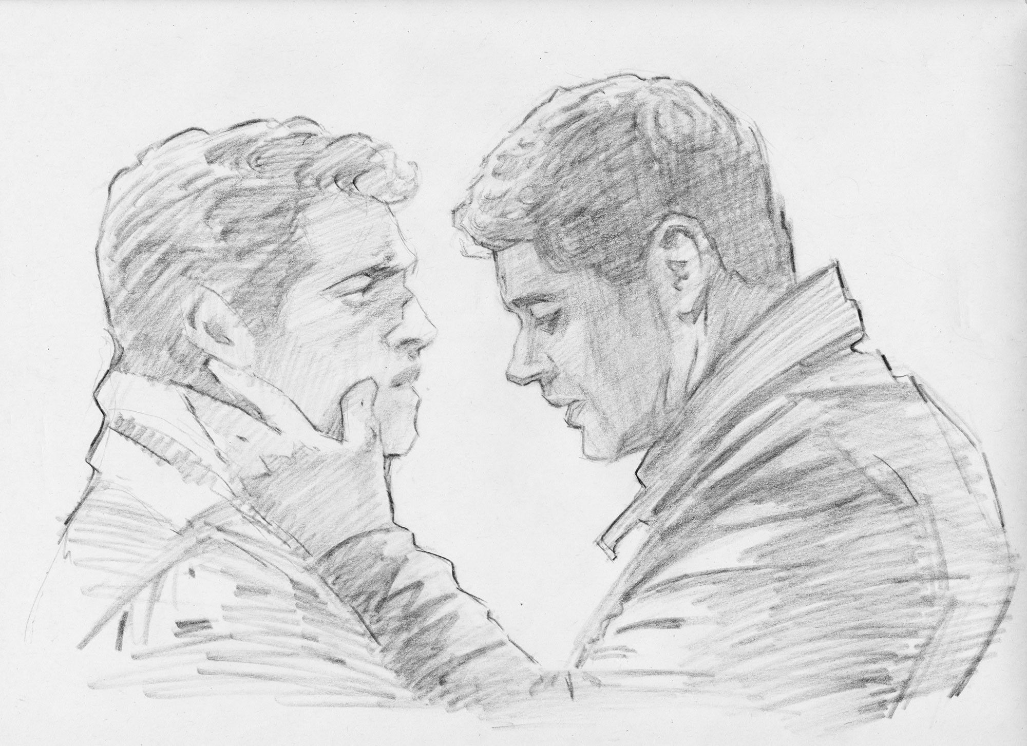 charcoal drawing of Dean and Cas, Dean is holding Cas's face in his hands.