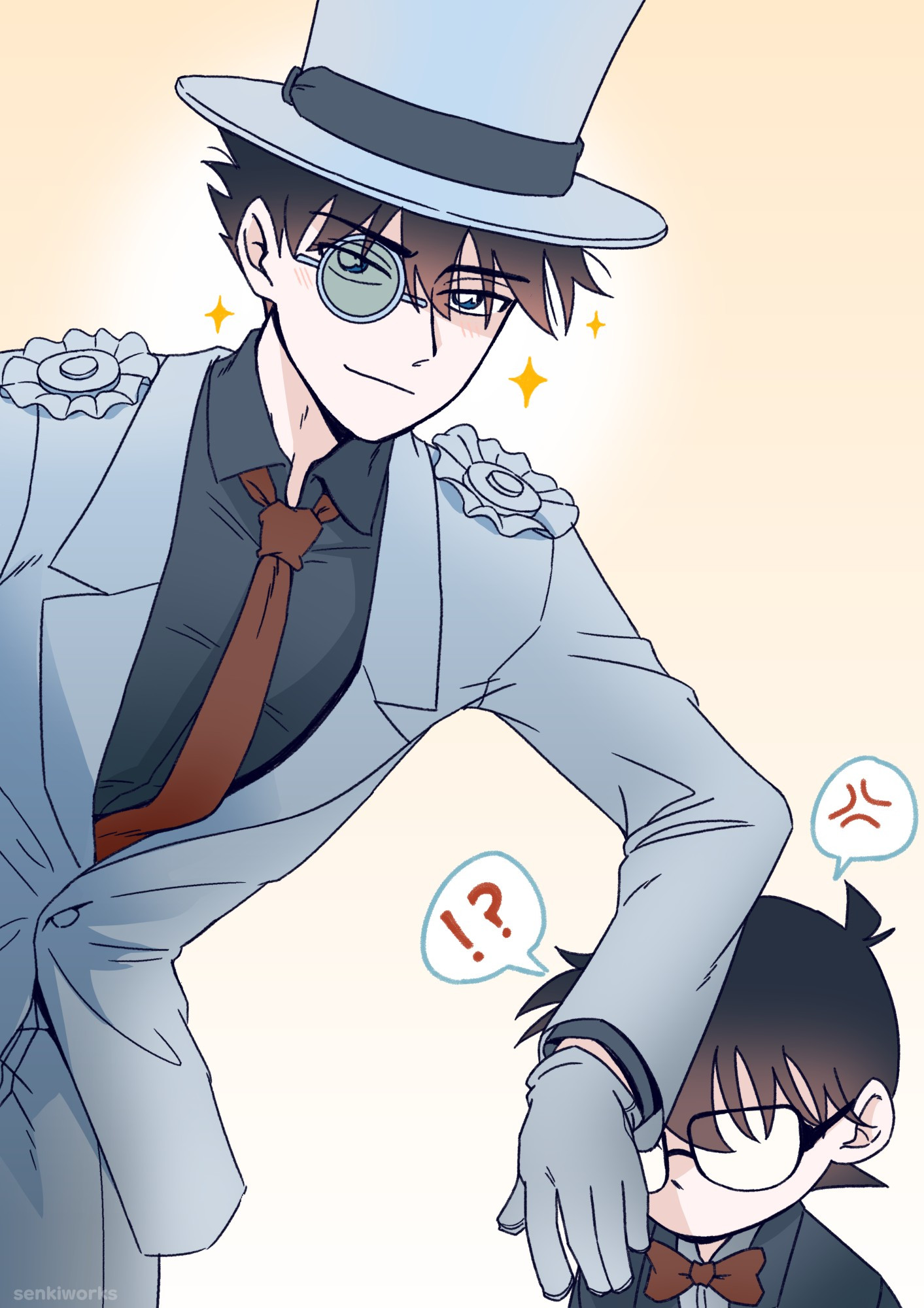 A Detective Conan/Magic Kaito fanart where Kaitou KID is leaning on and has his arm resting on Edogawa Conan's head, who is very pissed about being used as an arm rest. #art