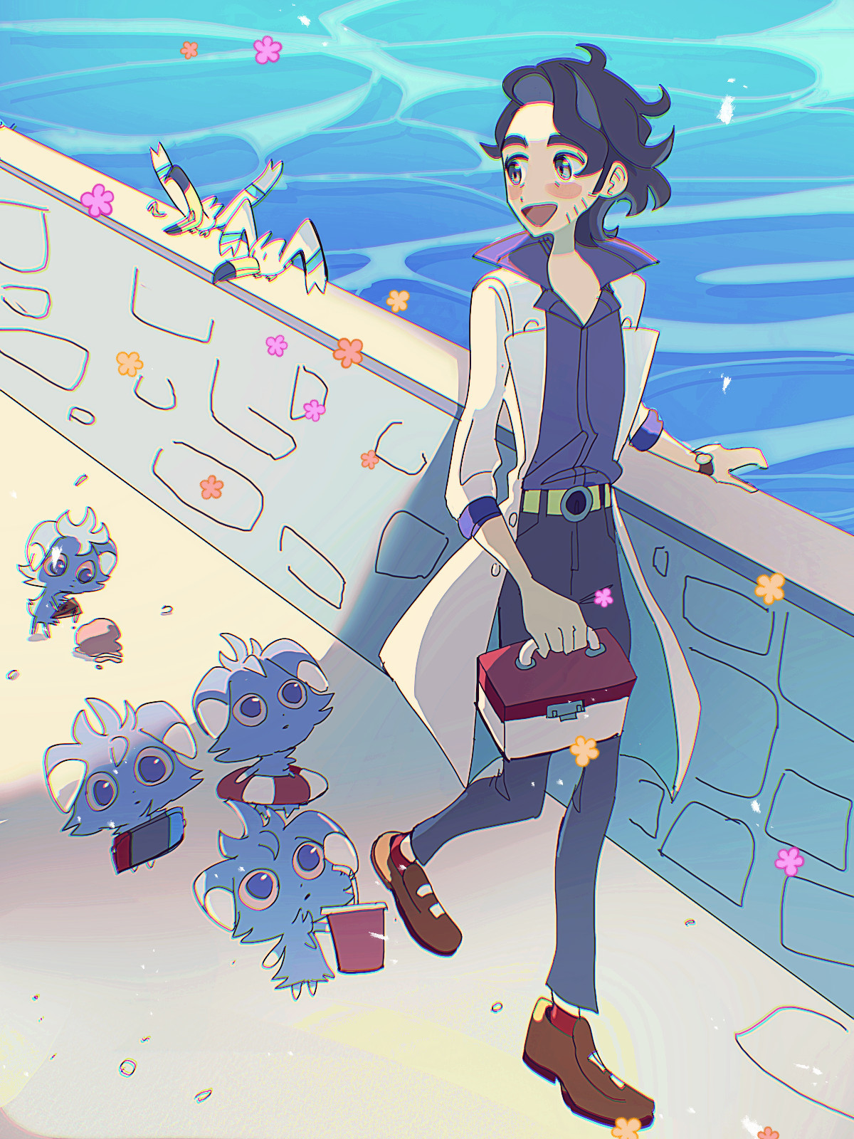 Fanart of Professor Sycamore. He walks along a path that borders the sea, trailed by four espurr holding various things. Wingull sunbathe along the cobblestones.