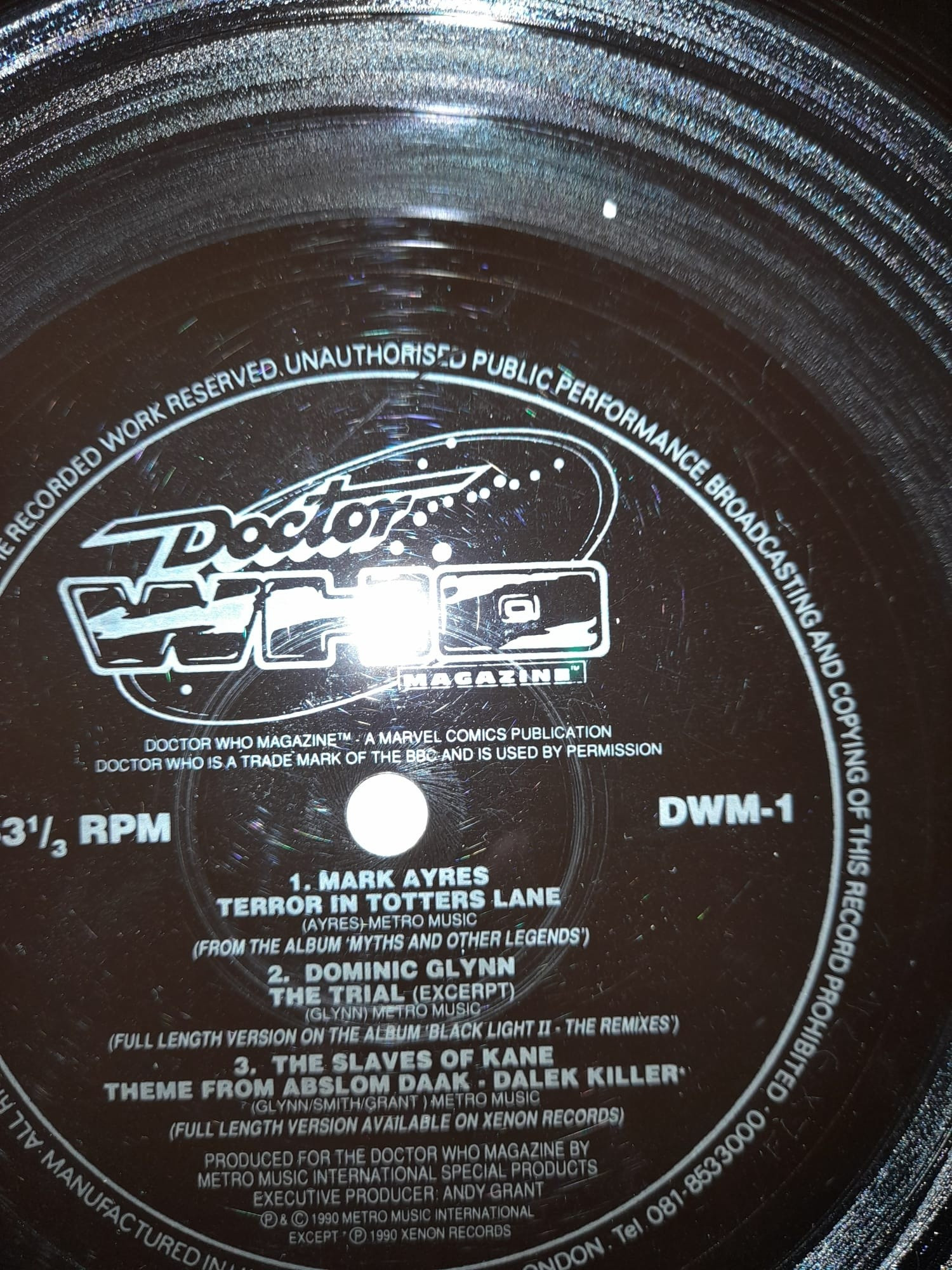 7" flexidisc vinyl record given away free with Doctor Who Magazine #167 (1990): 1. Mark Ayres - Terror in Totters Lane 2. Dominic Glynn - The Trial (excerpt) 3. The Slaves of Kane - Theme from Abslom Daak, Dalek Killer