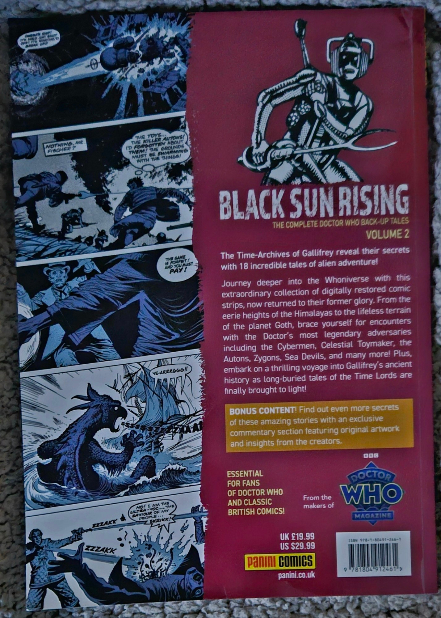 Black Sun Rising: The Complete Doctor Who Back-Up Tales Volume 2 (back cover, with more panel art and a blurb listing the various characters and creatures appearing in the 18 stories of the volume)