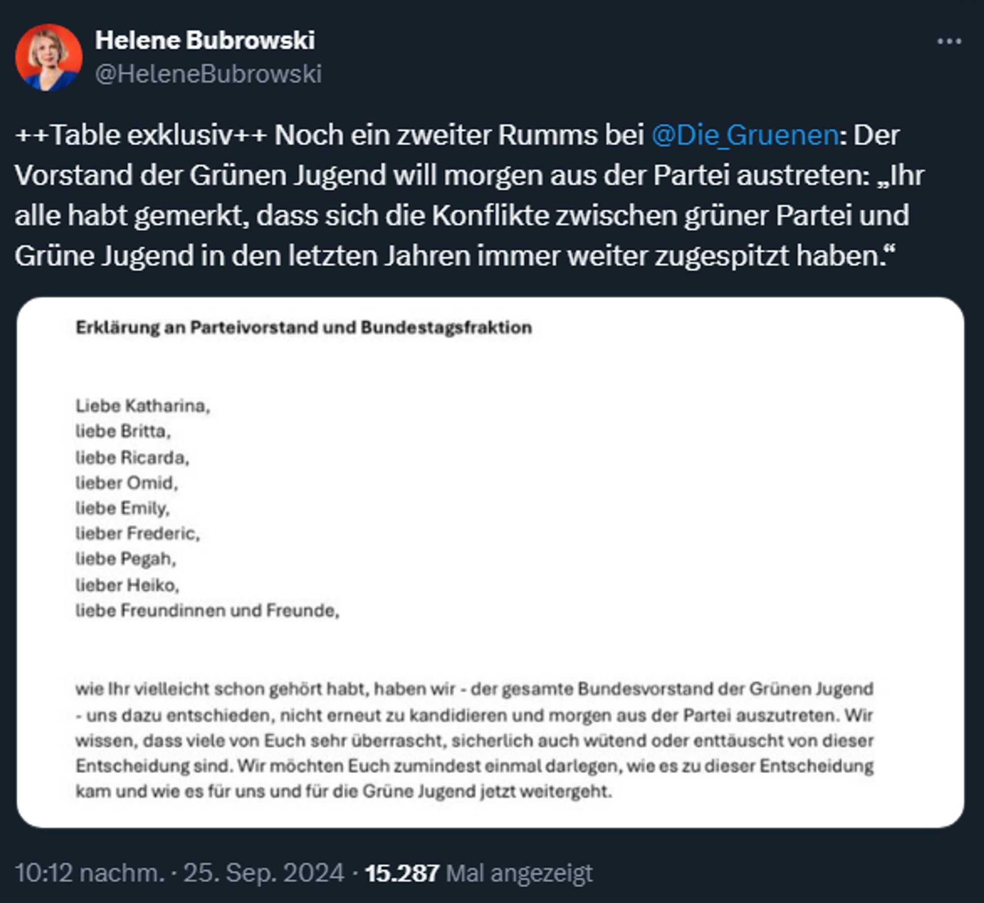 Tweet von Helene Bubrowski:
"++Table exklusiv++ Noch ein zweiter Rumms bei ⁦@Die_Gruenen: Der Vorstand der Grünen Jugend will morgen aus der Partei austreten: „Ihr alle habt gemerkt, dass sich die Konflikte zwischen grüner Partei und Grüne Jugend in den letzten Jahren immer weiter zugespitzt haben.“"